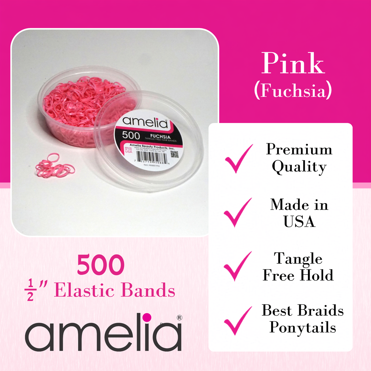 Amelia Beauty 500 Count Small Fuchsia (Pink) Tangle-Free Elastic Ponytail Holders, 1/2-Inch Hair Ties for Ponytails, Braids, Twists & Hair Sectioning, Made in USA