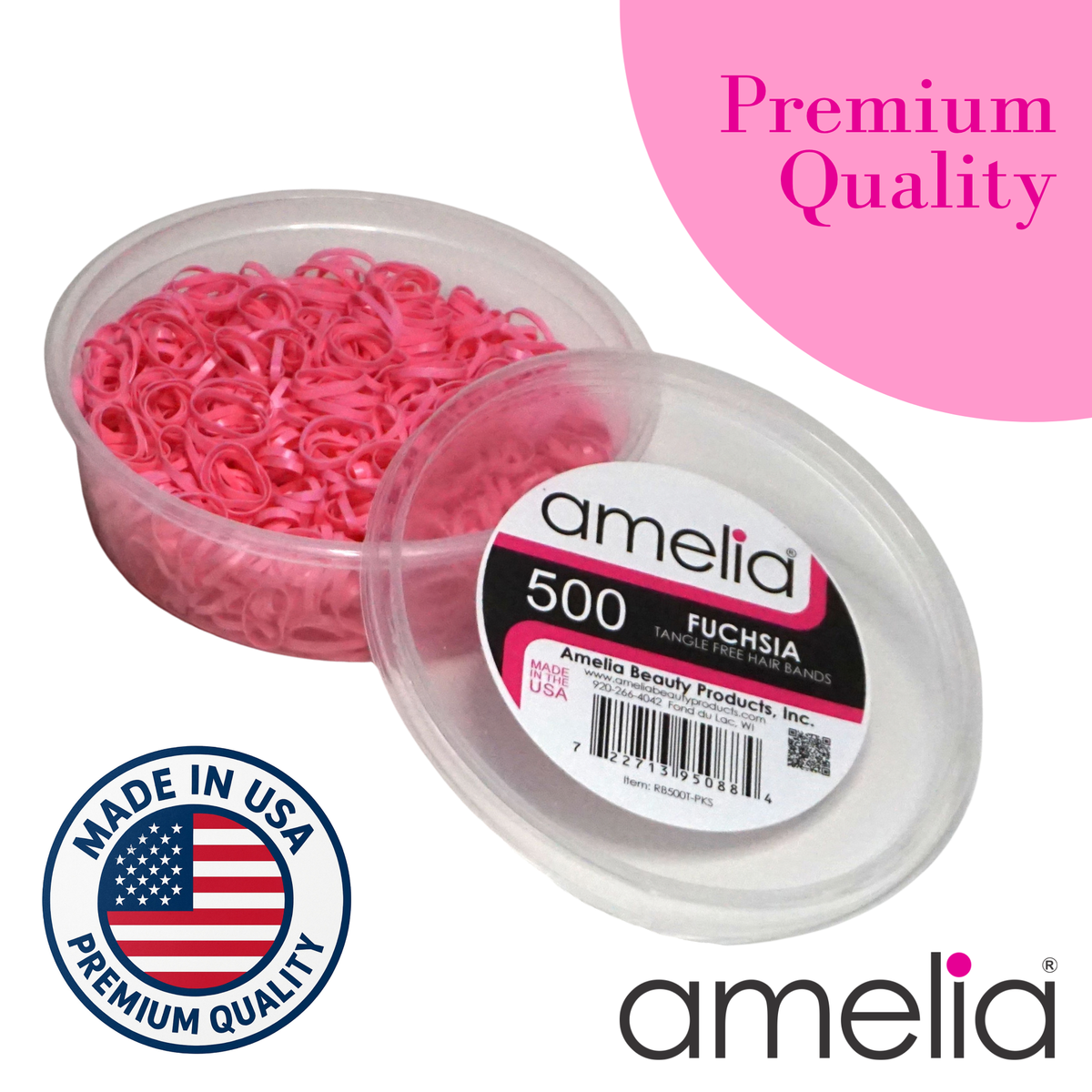 Amelia Beauty 500 Count Small Fuchsia (Pink) Tangle-Free Elastic Ponytail Holders, 1/2-Inch Hair Ties for Ponytails, Braids, Twists & Hair Sectioning, Made in USA
