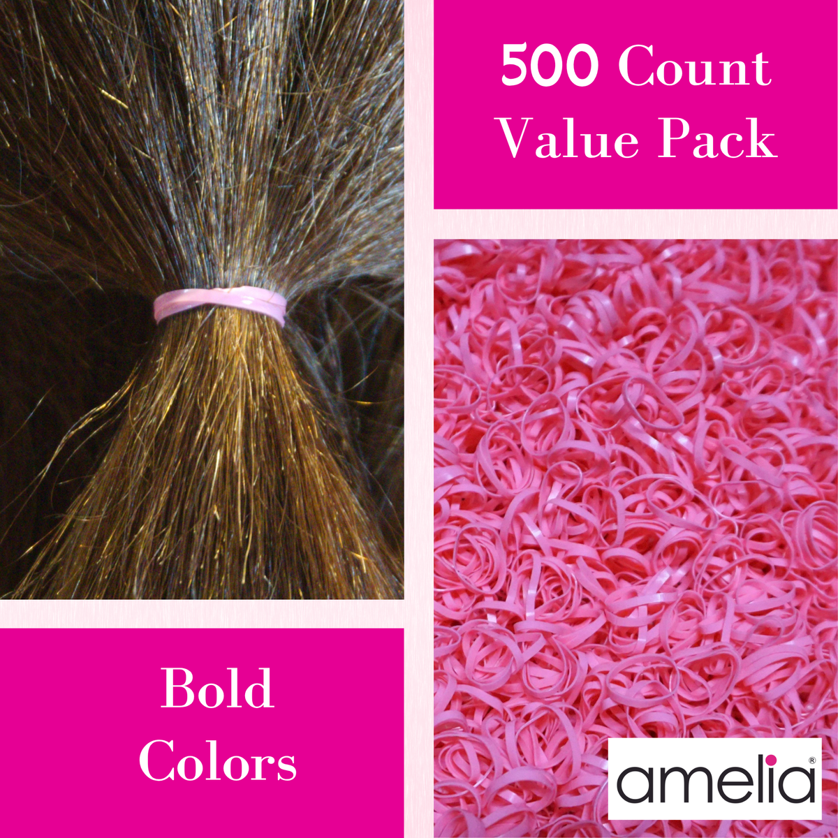 Amelia Beauty 500 Count Small Fuchsia (Pink) Tangle-Free Elastic Ponytail Holders, 1/2-Inch Hair Ties for Ponytails, Braids, Twists & Hair Sectioning, Made in USA