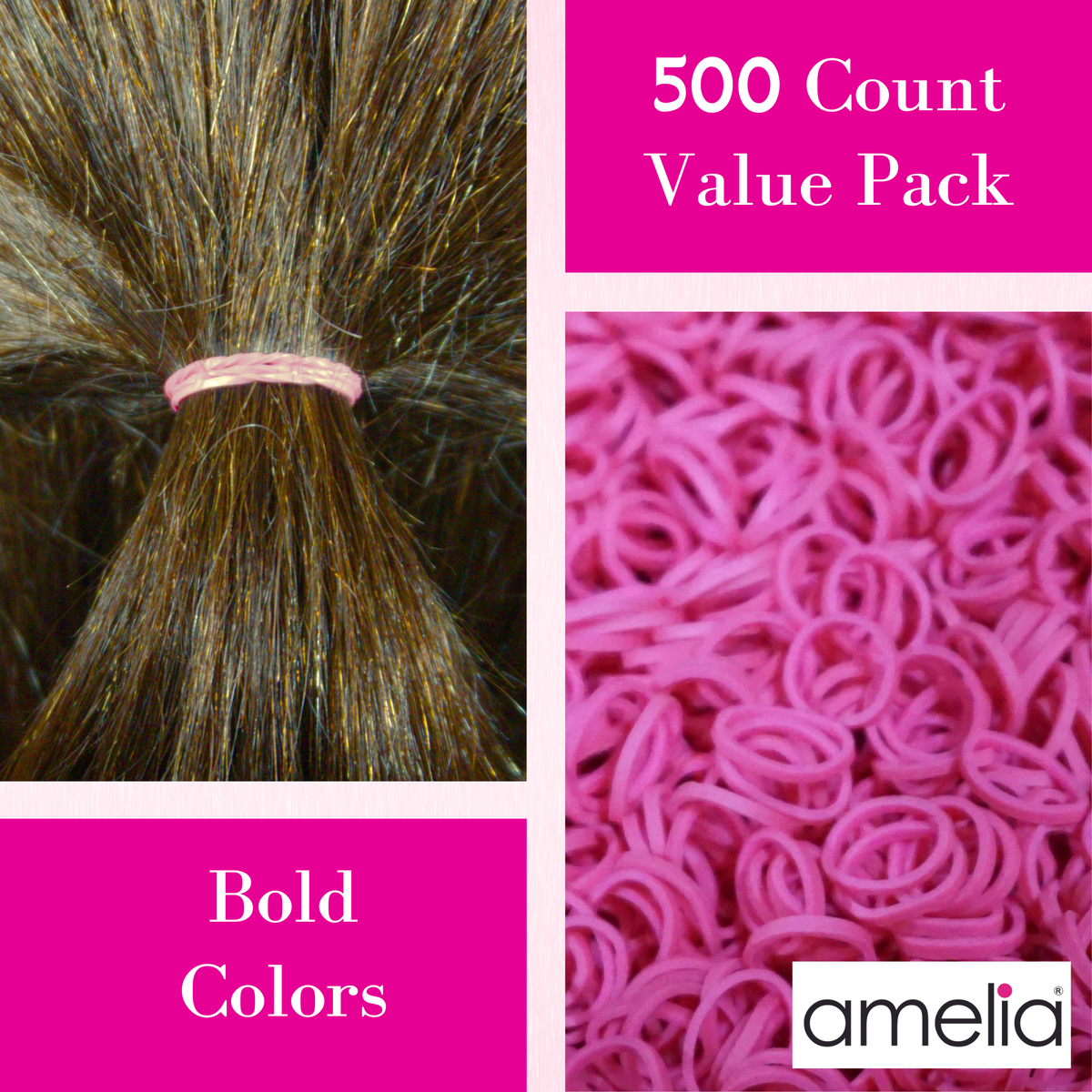 Amelia Beauty | 500 Count, 1/2in Pink Rubber Hair Bands | Made in USA | Ideal for Ponytails, Braids, Twists & Locs