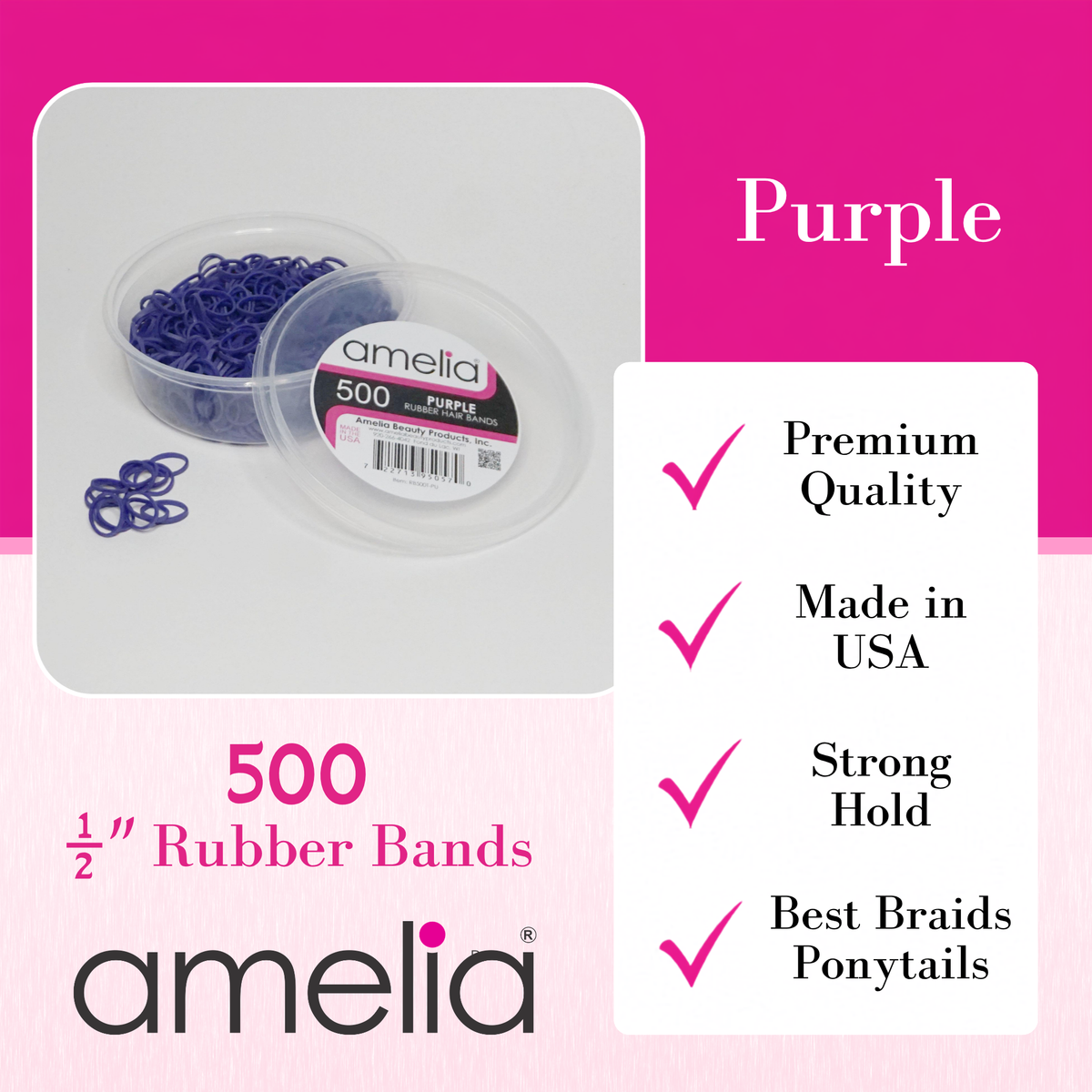 Amelia Beauty | 500 Count, 1/2in Purple Rubber Hair Bands | Made in USA | Ideal for Ponytails, Braids, Twists & Locs