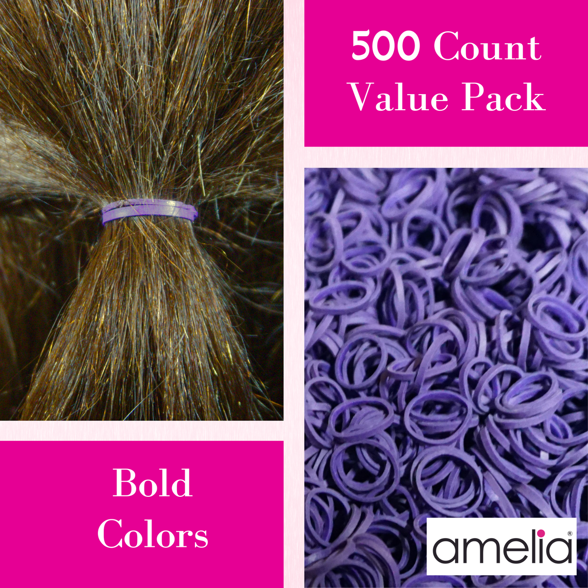 Amelia Beauty | 500 Count, 1/2in Purple Rubber Hair Bands | Made in USA | Ideal for Ponytails, Braids, Twists & Locs