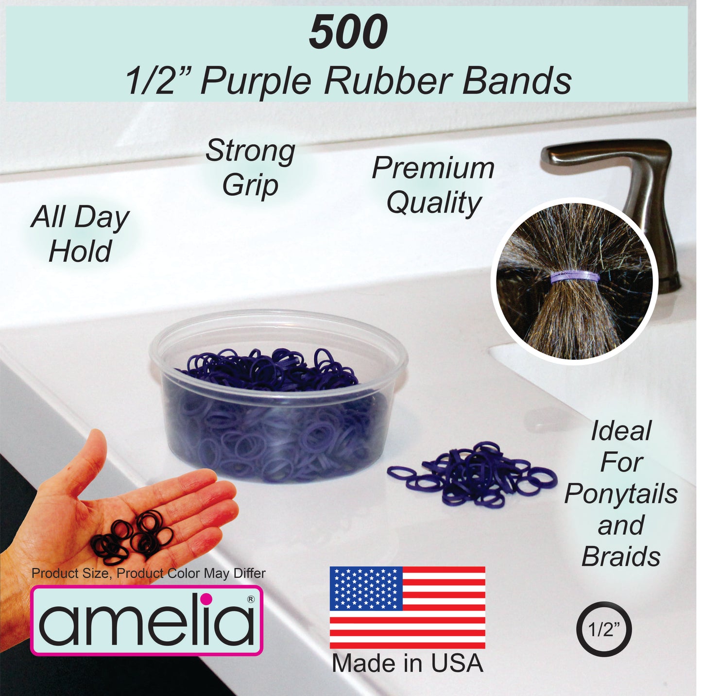 Amelia Beauty | 1/2in, Purple, Elastic Rubber Band Pony Tail Holders | Made in USA, Ideal for Ponytails, Braids, Twists, Dreadlocks, Styling Accessories for Women, Men and Girls | 500 Pack