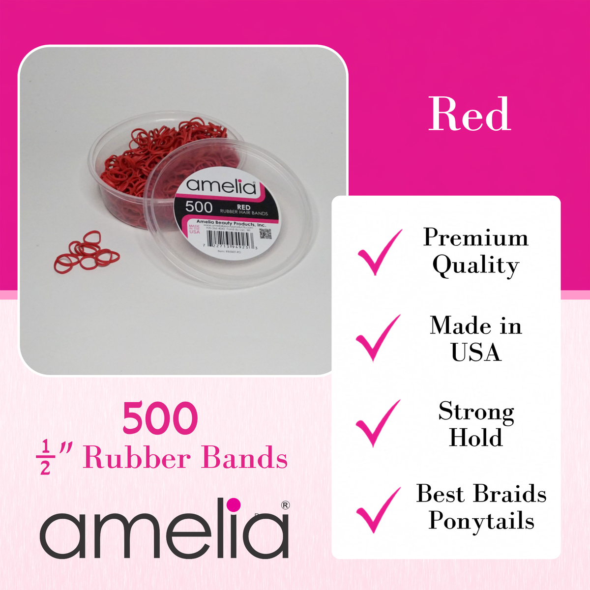 Amelia Beauty | 500 Count, 1/2in Red Rubber Hair Bands | Made in USA | Ideal for Ponytails, Braids, Twists & Locs