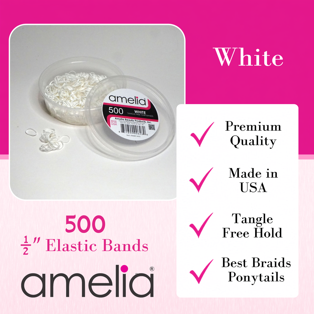 Amelia Beauty 500 Count Small White Tangle-Free Elastic Ponytail Holders, 1/2-Inch Hair Ties for Ponytails, Braids, Twists & Hair Sectioning, Made in USA