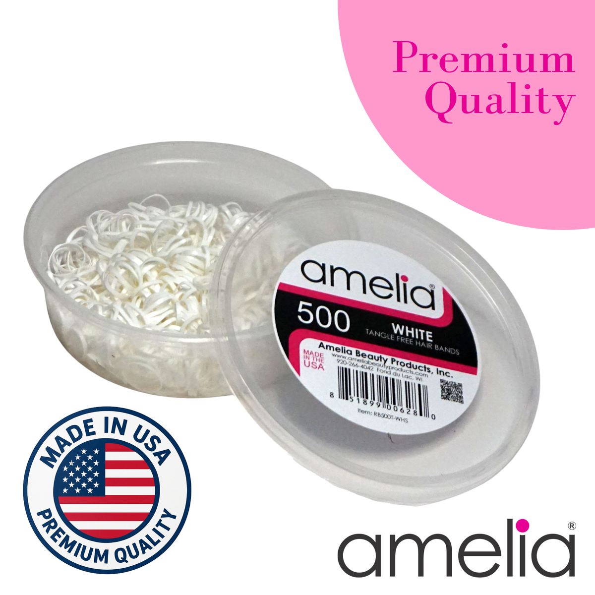 Amelia Beauty 500 Count Small White Tangle-Free Elastic Ponytail Holders, 1/2-Inch Hair Ties for Ponytails, Braids, Twists & Hair Sectioning, Made in USA