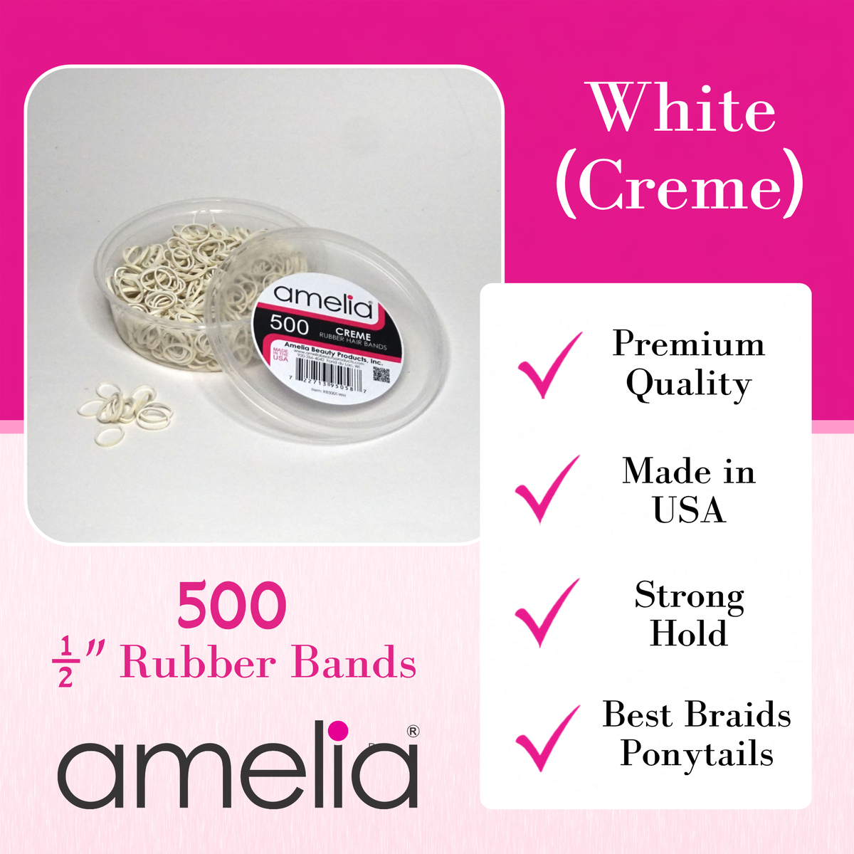 Amelia Beauty | 500 Count, 1/2in Cream Colored Rubber Hair Bands | Made in USA | Ideal for Ponytails, Braids, Twists & Locs