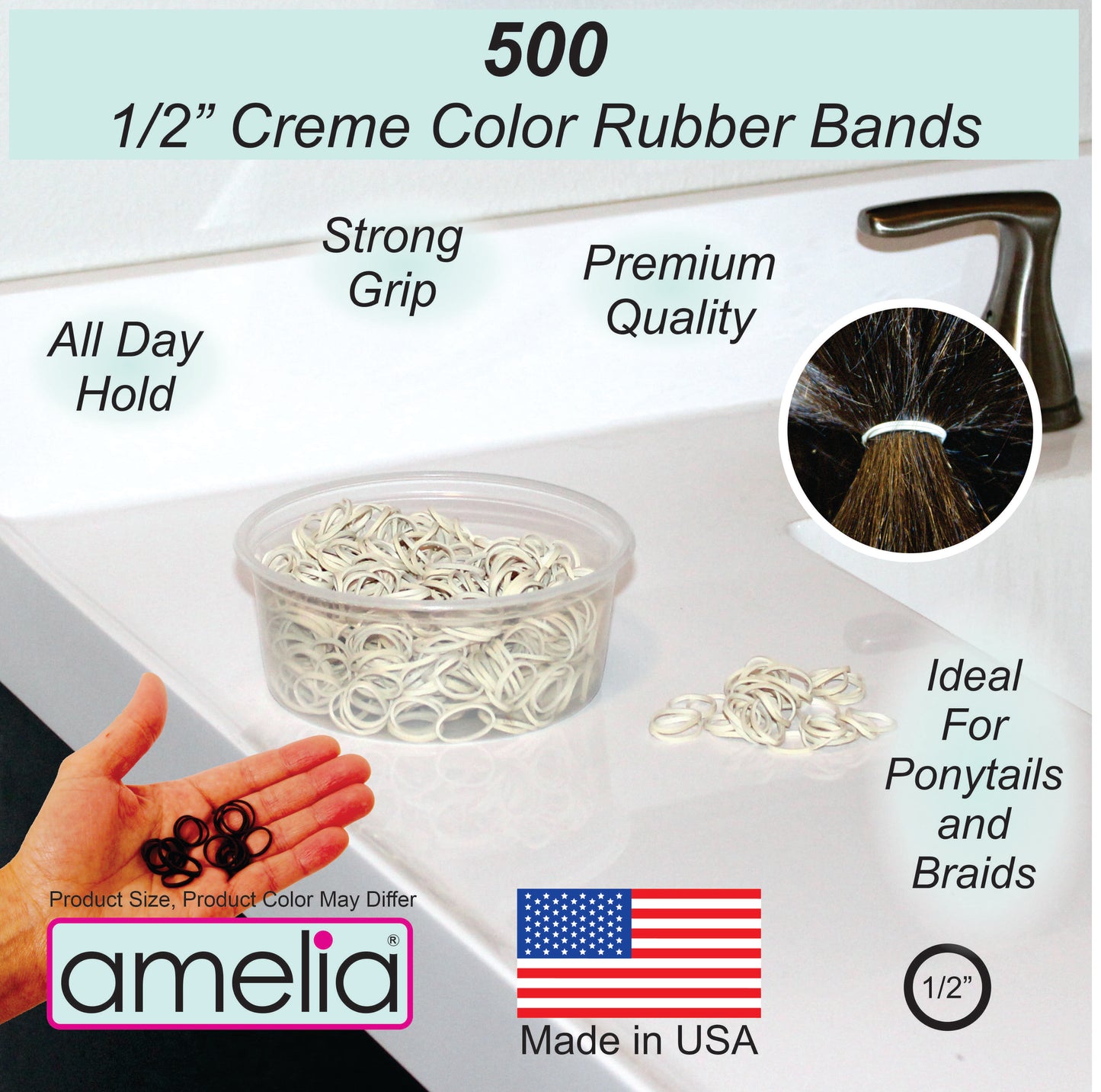 Amelia Beauty | 1/2in, Creme, Elastic Rubber Band Pony Tail Holders | Made in USA, Ideal for Ponytails, Braids, Twists, Dreadlocks, Styling Accessories for Women, Men and Girls | 500 Pack
