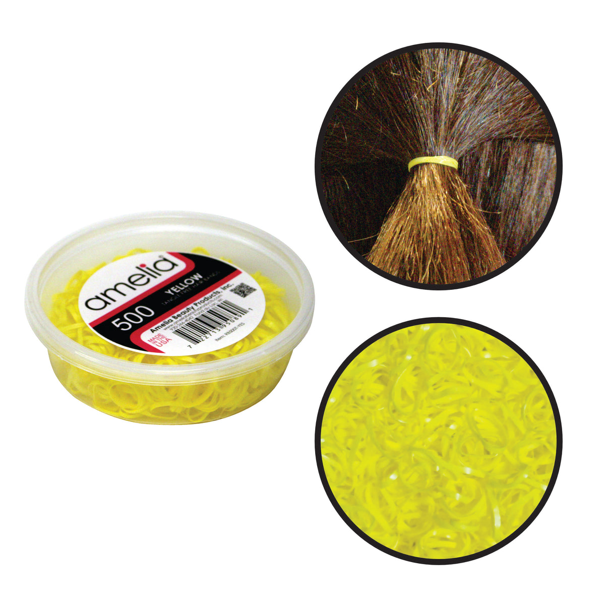 Amelia Beauty 500 Count Small Yellow Tangle-Free Elastic Ponytail Holders, 1/2-Inch Hair Ties for Ponytails, Braids, Twists & Hair Sectioning, Made in USA