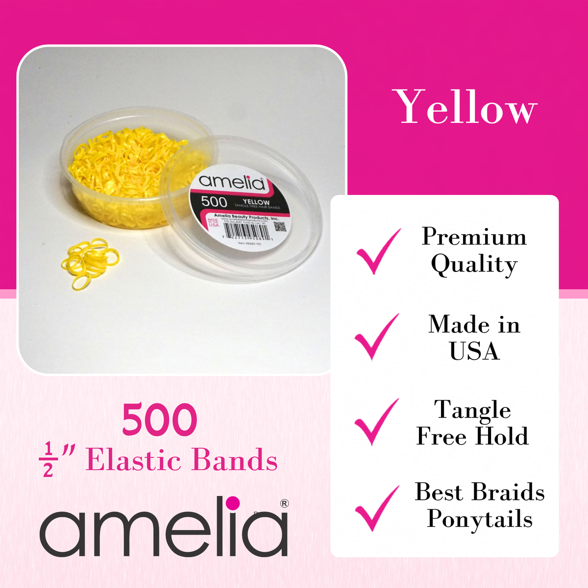 Amelia Beauty 500 Count Small Yellow Tangle-Free Elastic Ponytail Holders, 1/2-Inch Hair Ties for Ponytails, Braids, Twists & Hair Sectioning, Made in USA