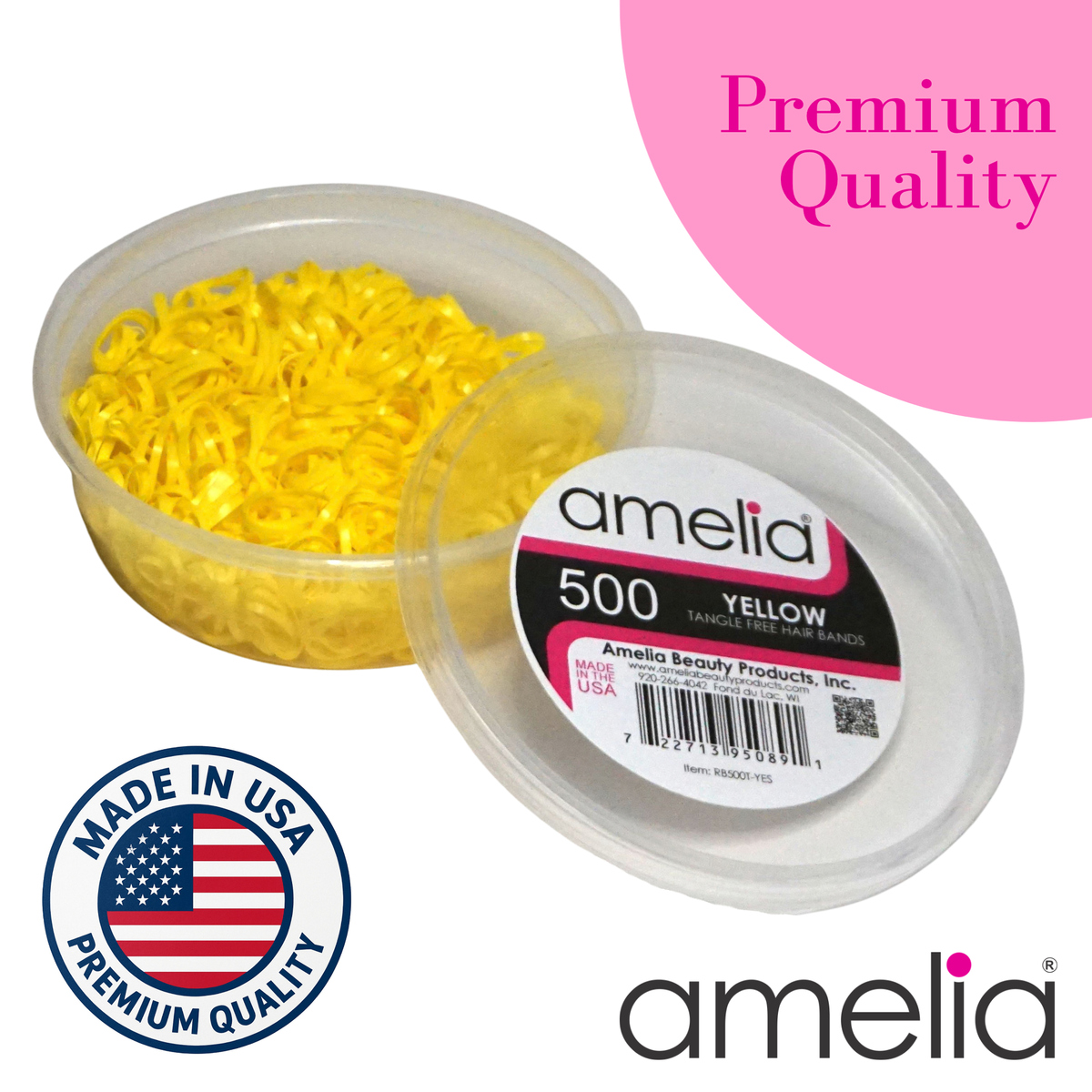 Amelia Beauty 500 Count Small Yellow Tangle-Free Elastic Ponytail Holders, 1/2-Inch Hair Ties for Ponytails, Braids, Twists & Hair Sectioning, Made in USA