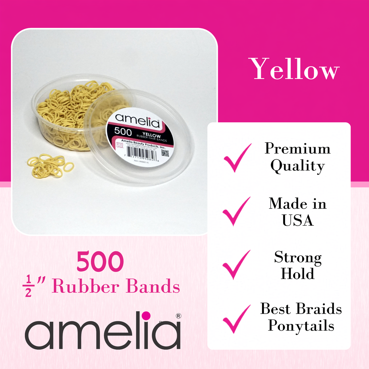 Amelia Beauty | 500 Count, 1/2in Yellow Rubber Hair Bands | Made in USA | Ideal for Ponytails, Braids, Twists & Locs