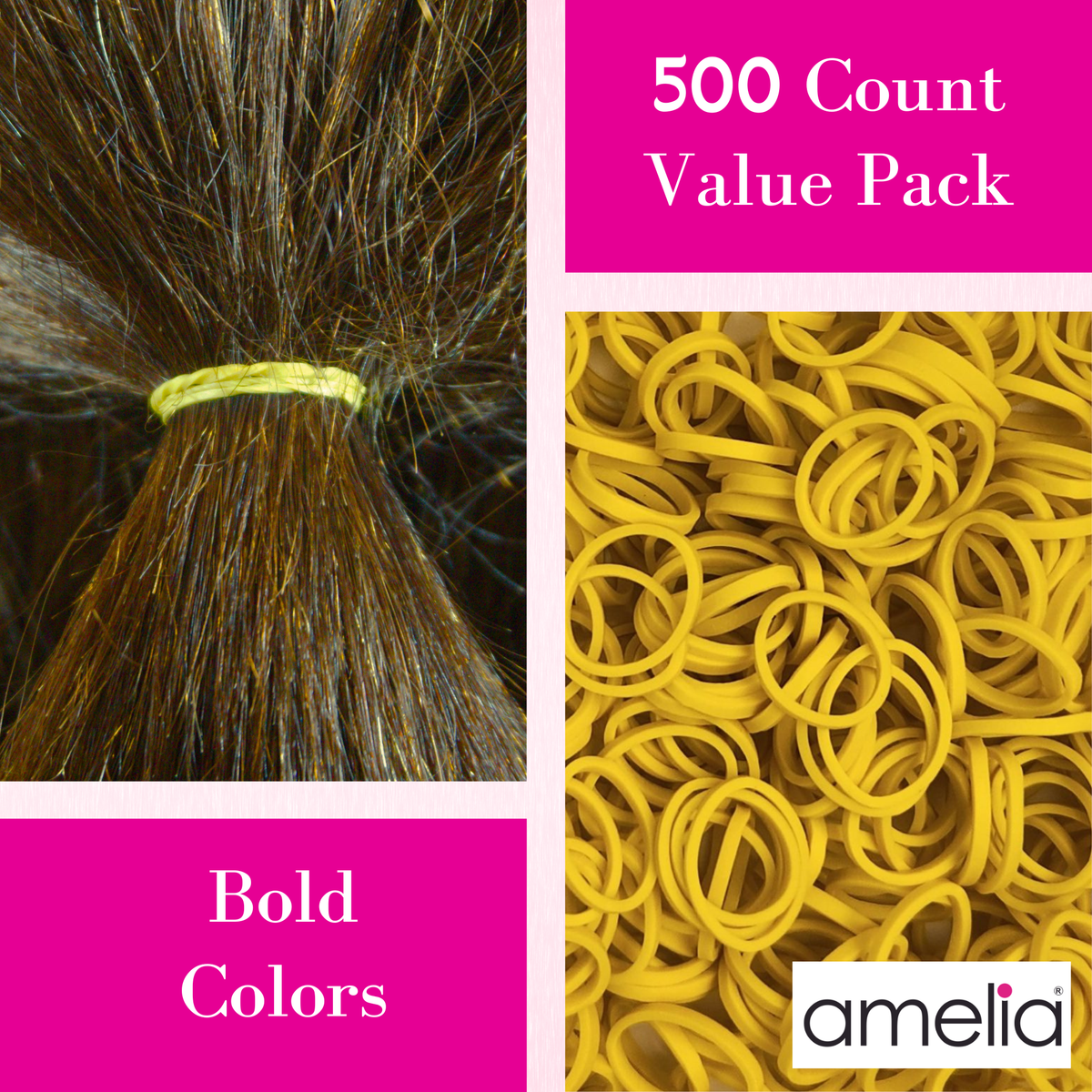 Amelia Beauty | 500 Count, 1/2in Yellow Rubber Hair Bands | Made in USA | Ideal for Ponytails, Braids, Twists & Locs