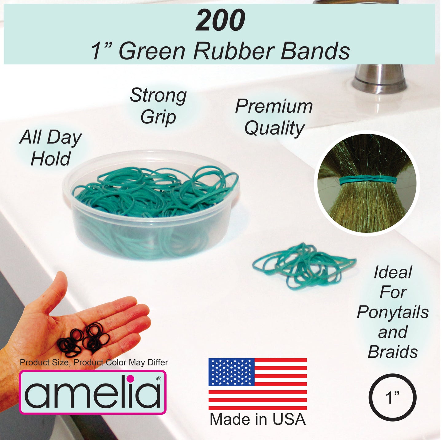 200 Jumbo 1" Green Rubber Bands for Hair | Extra Strong Ponytail Holders for Braids, Buns & Thick Hair | Made in USA | 200 Count Bulk Pack