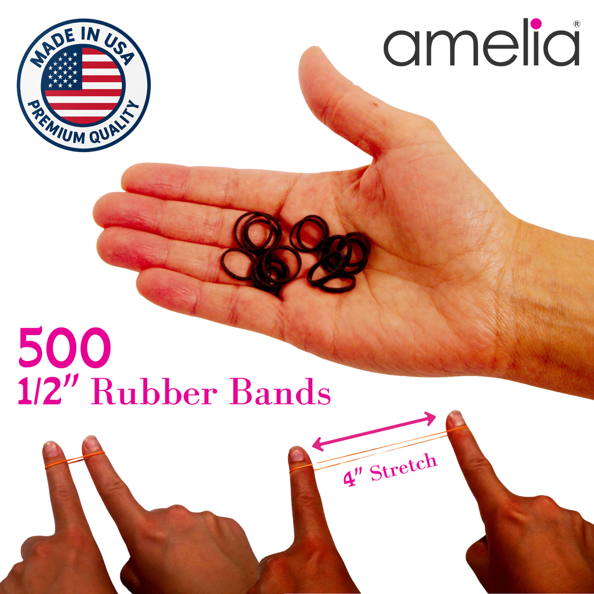 Amelia Beauty | 500 Count, 1/2in Black Rubber Hair Bands | Made in USA | Ideal for Ponytails, Braids, Twists & Locs
