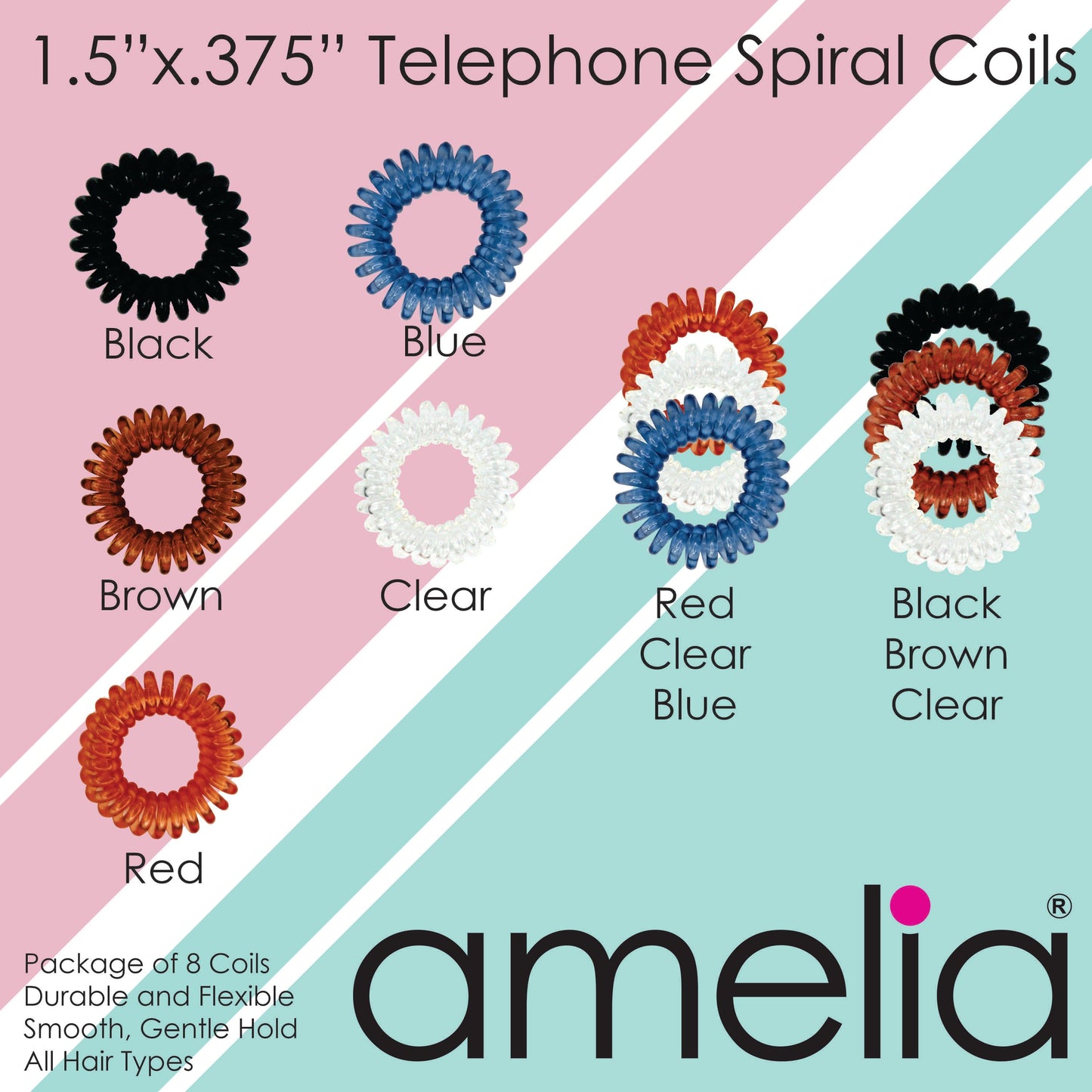 Amelia Beauty Products 8 Small Elastic Hair Coils, 1.5in Diameter Thick Spiral Hair Ties, Gentle on Hair, Strong Hold and Minimizes Dents and Creases, Red, Clear and Blue