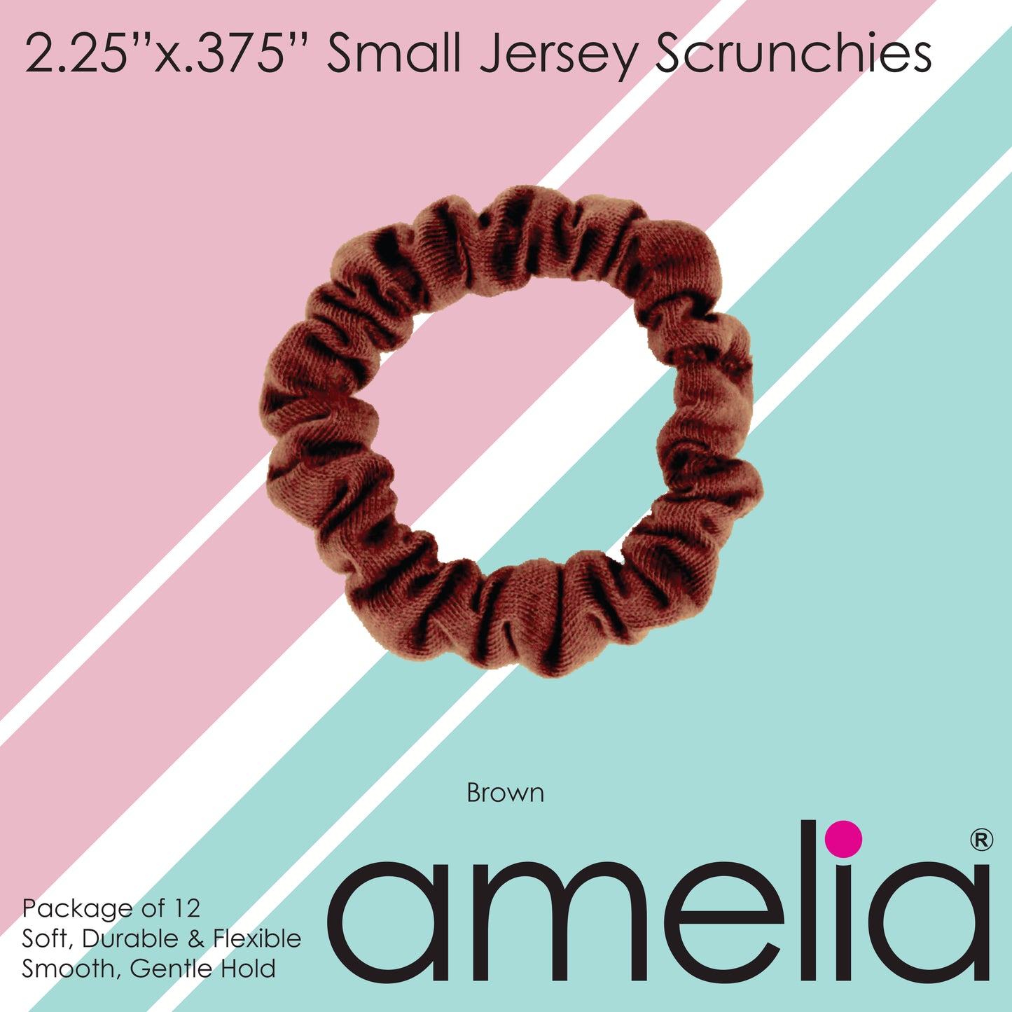 Amelia Beauty, Brown Jersey Scrunchies, 2.25in Diameter, Gentle on Hair, Strong Hold, No Snag, No Dents or Creases. 12 Pack