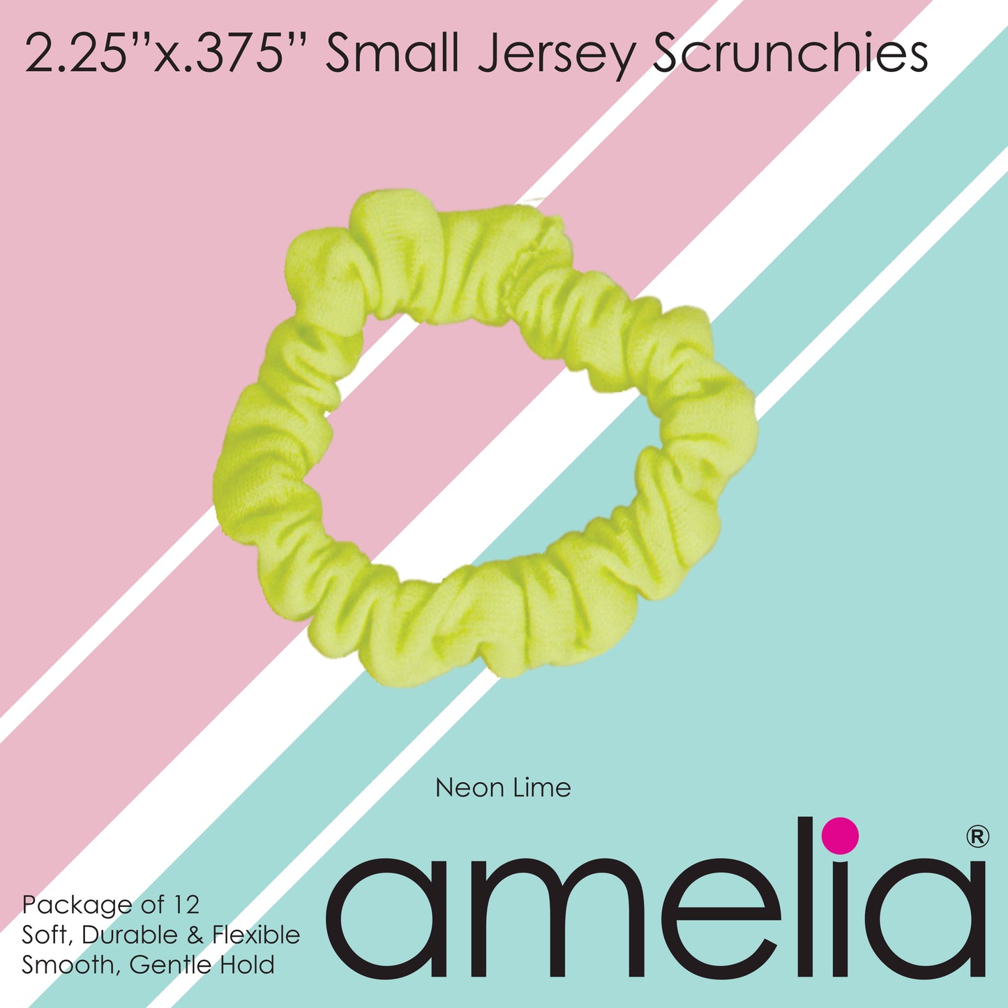 Amelia Beauty, Neon Lime Jersey Scrunchies, 2.25in Diameter, Gentle on Hair, Strong Hold, No Snag, No Dents or Creases. 12 Pack