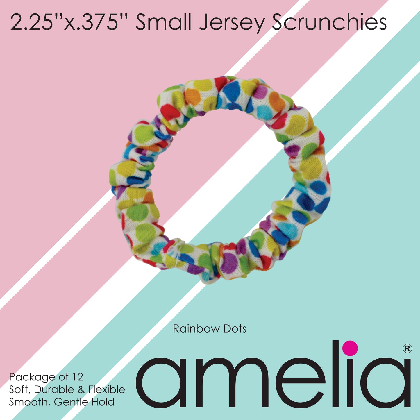 Amelia Beauty, Rainbow Dots Jersey Scrunchies, 2.25in Diameter, Gentle on Hair, Strong Hold, No Snag, No Dents or Creases. 12 Pack