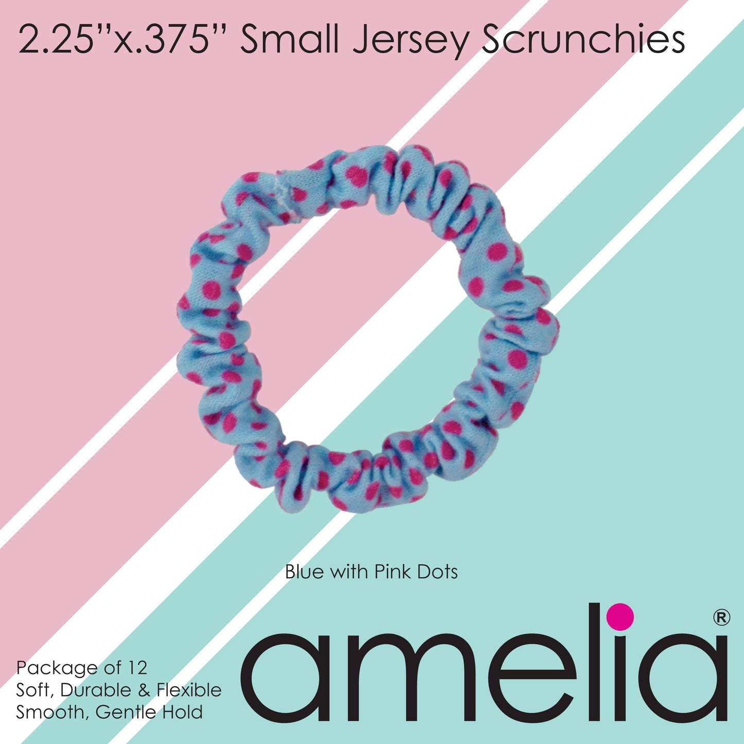 Amelia Beauty, Blue/Pink Dot Jersey Scrunchies, 2.25in Diameter, Gentle on Hair, Strong Hold, No Snag, No Dents or Creases. 12 Pack