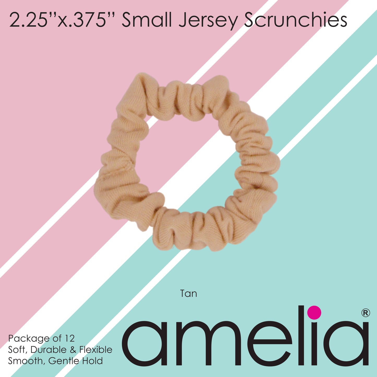 Amelia Beauty, Tan Jersey Scrunchies, 2.25in Diameter, Gentle on Hair, Strong Hold, No Snag, No Dents or Creases. 12 Pack