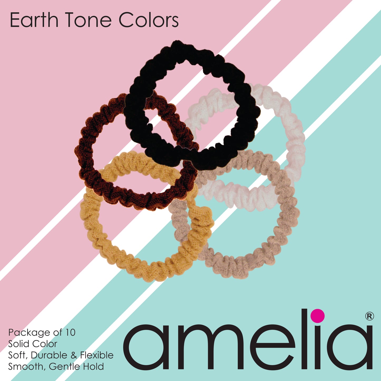 Amelia Beauty, Earth Tone Mix Ribbed Scrunchies, 2.25in Diameter, Gentle on Hair, Strong Hold, No Snag, No Dents or Creases. 10 Pack