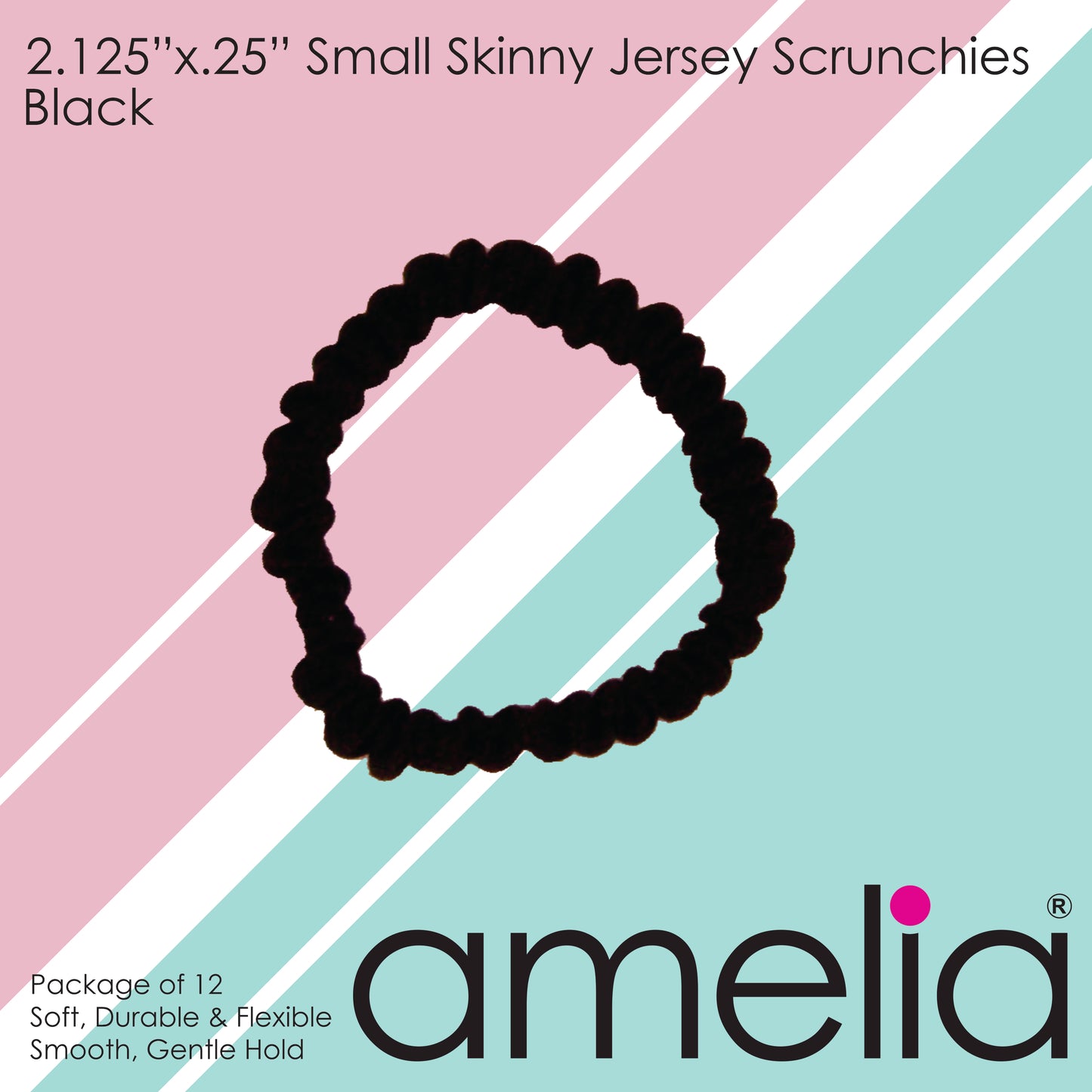 Amelia Beauty, Black Skinny Jersey Scrunchies, 2.125in Diameter, Gentle on Hair, Strong Hold, No Snag, No Dents or Creases. 12 Pack