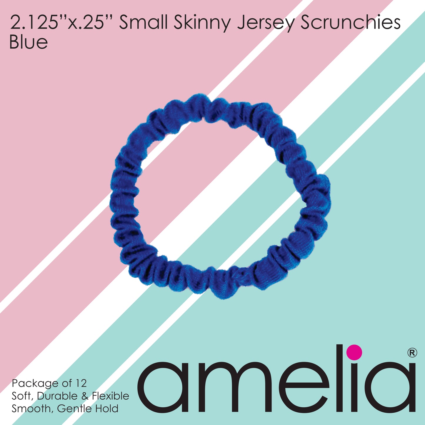 Amelia Beauty, Blue Skinny Jersey Scrunchies, 2.125in Diameter, Gentle on Hair, Strong Hold, No Snag, No Dents or Creases. 12 Pack