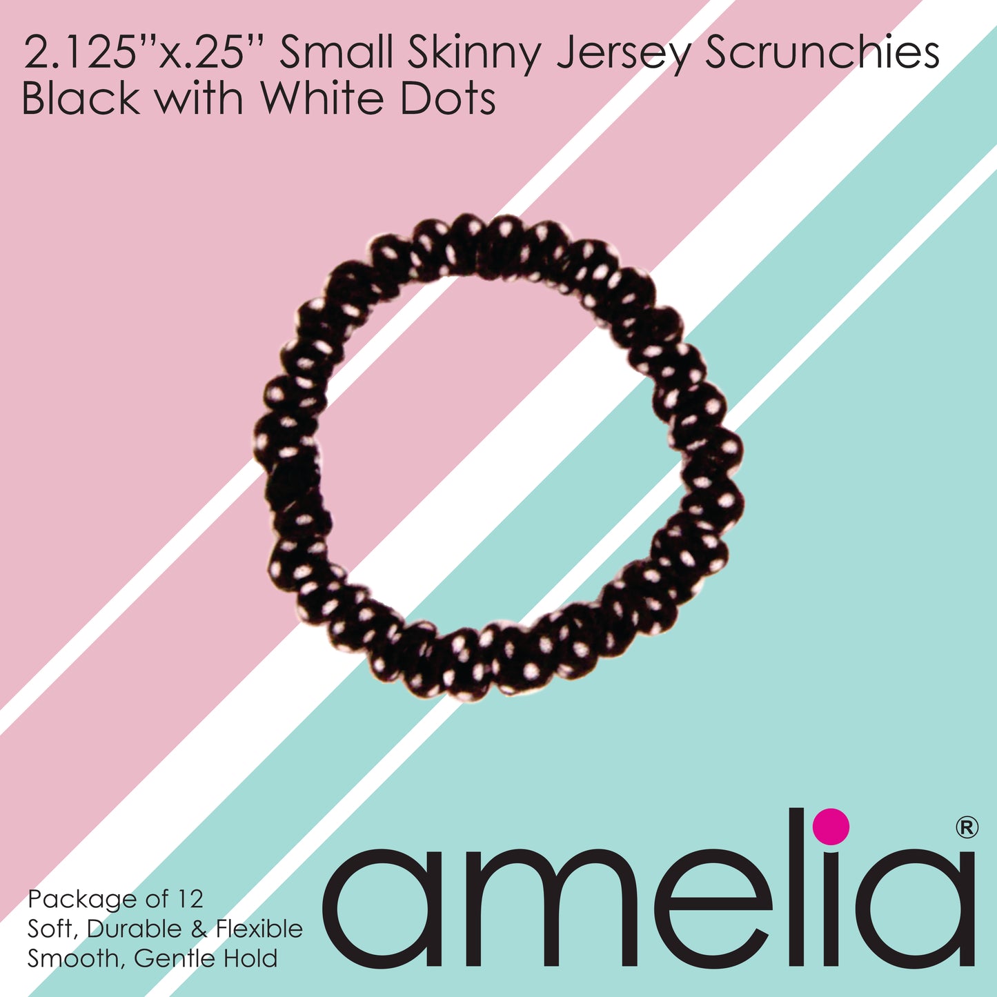 Amelia Beauty, Black with White Dots Skinny Jersey Scrunchies, 2.125in Diameter, Gentle on Hair, Strong Hold, No Snag, No Dents or Creases. 12 Pack