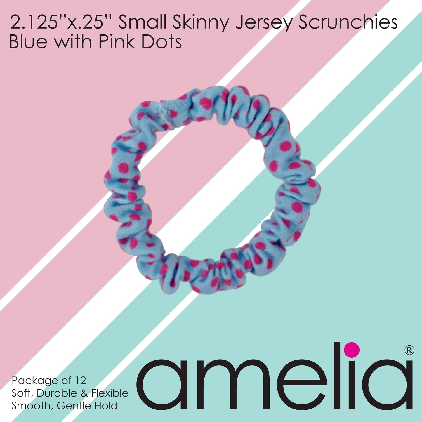 Amelia Beauty, Pink with Blue Dots Skinny Jersey Scrunchies, 2.125in Diameter, Gentle on Hair, Strong Hold, No Snag, No Dents or Creases. 12 Pack