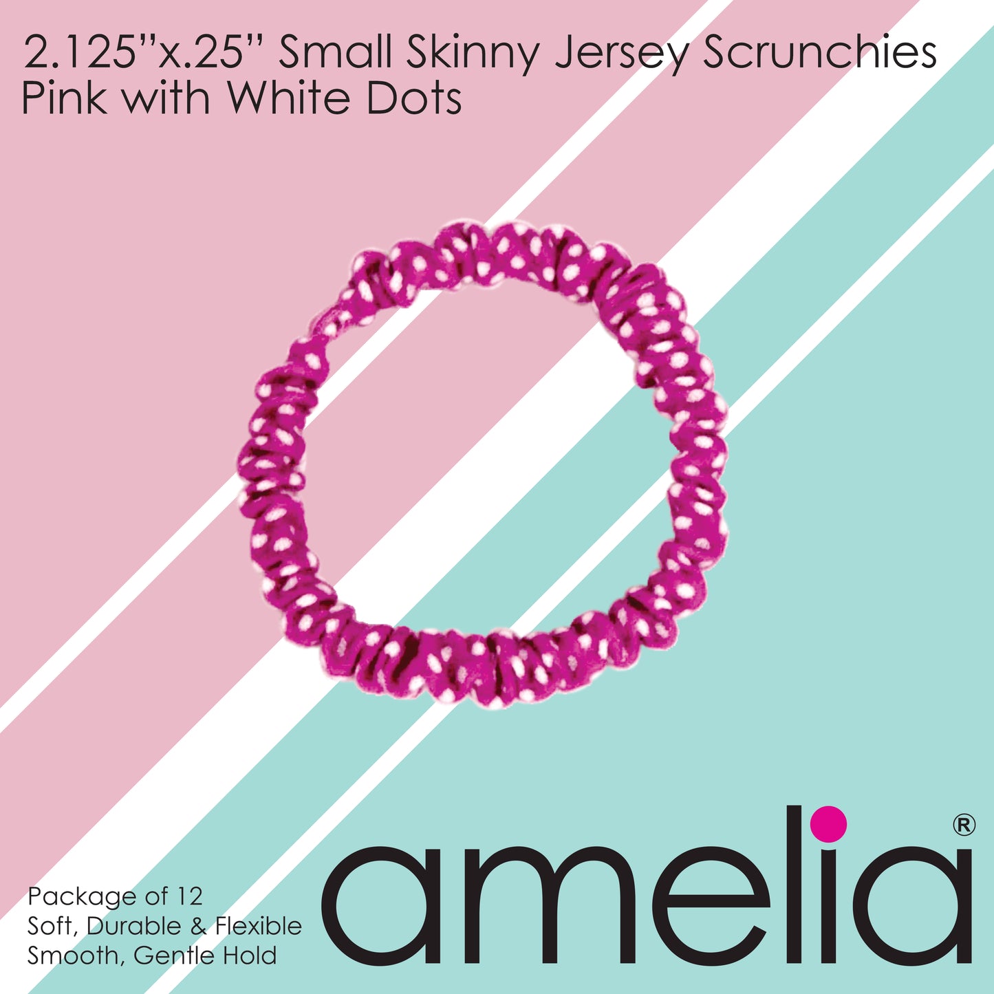 Amelia Beauty, Pink with White Dots Skinny Jersey Scrunchies, 2.125in Diameter, Gentle on Hair, Strong Hold, No Snag, No Dents or Creases. 12 Pack