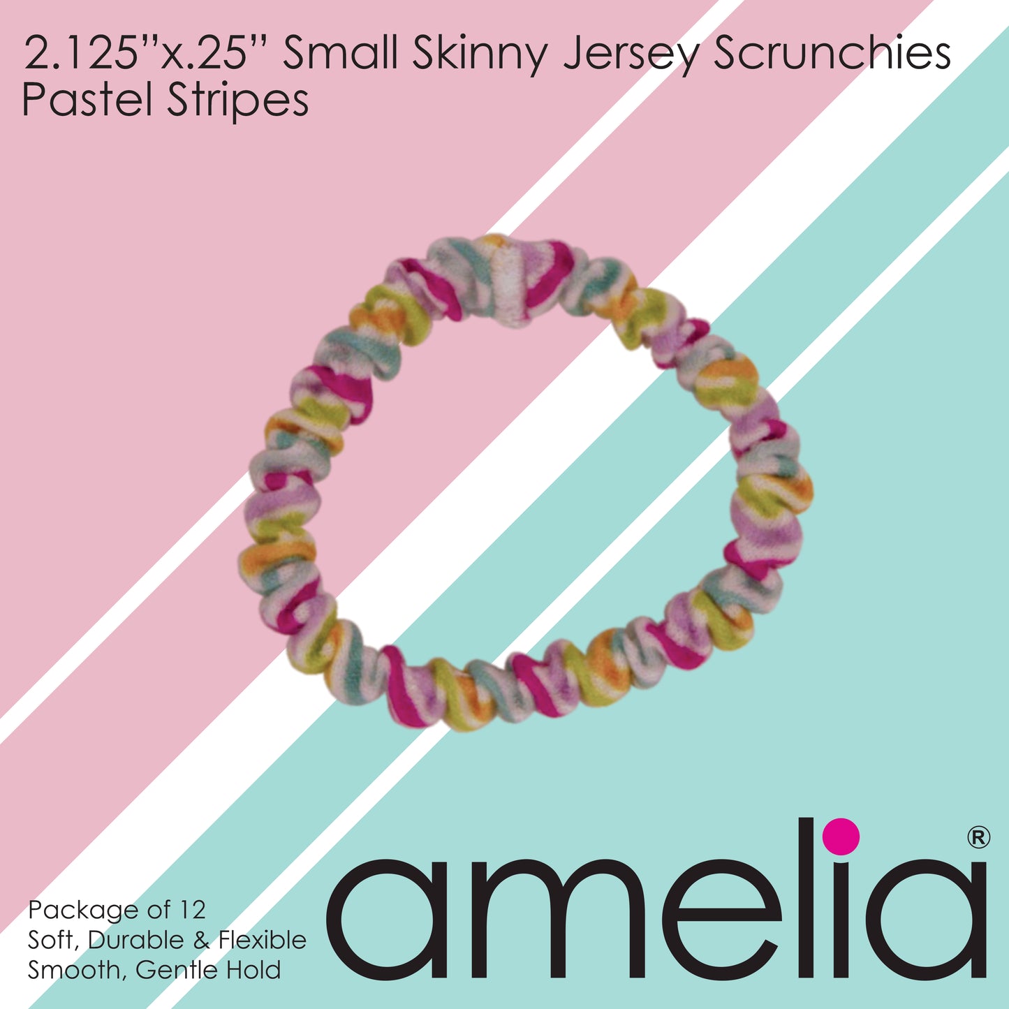 Amelia Beauty, Pastel Stripe Skinny Jersey Scrunchies, 2.125in Diameter, Gentle on Hair, Strong Hold, No Snag, No Dents or Creases. 12 Pack