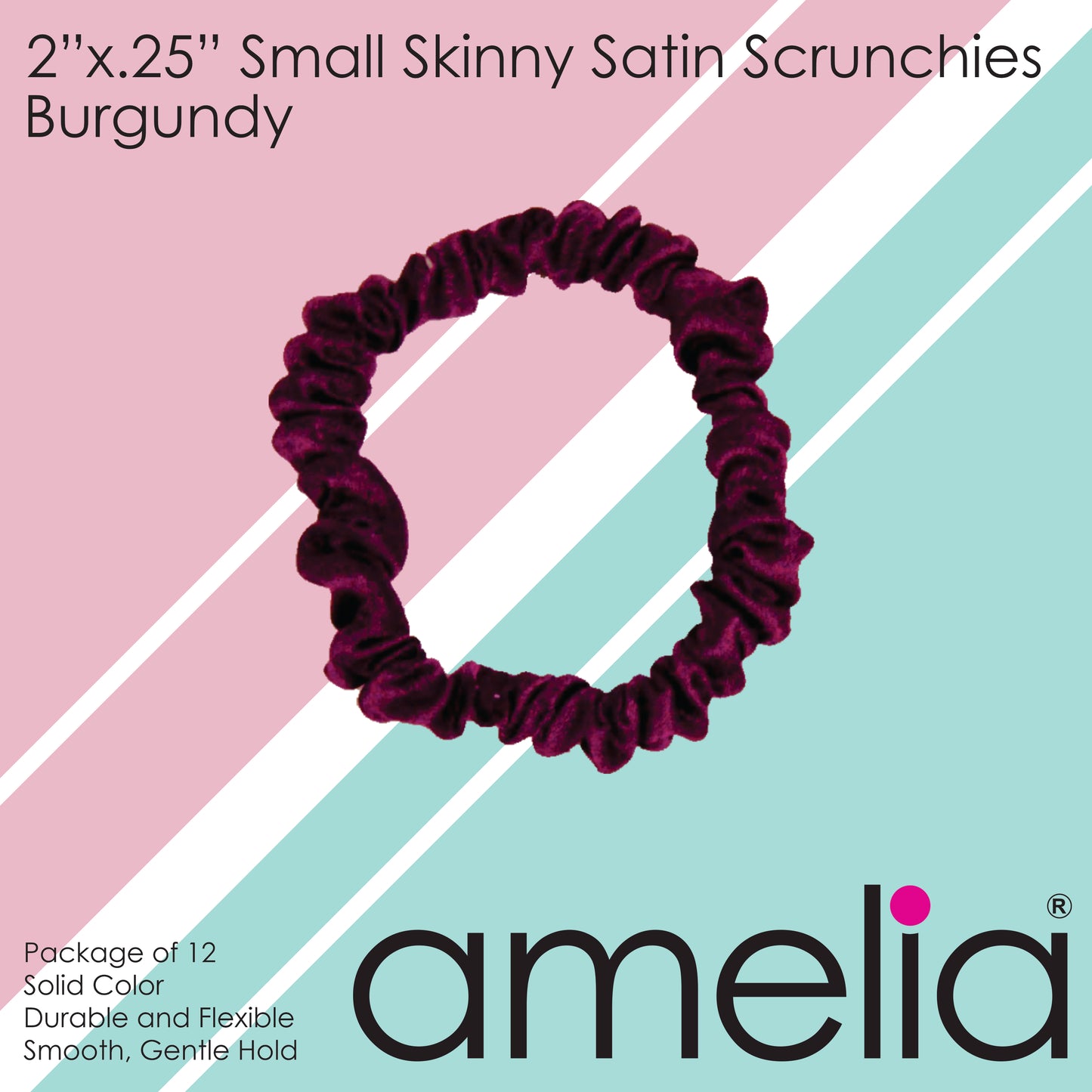 Amelia Beauty, Burgundy Skinny Satin Scrunchies, 2in Diameter, Gentle and Strong Hold, No Snag, No Dents or Creases. 12 Pack