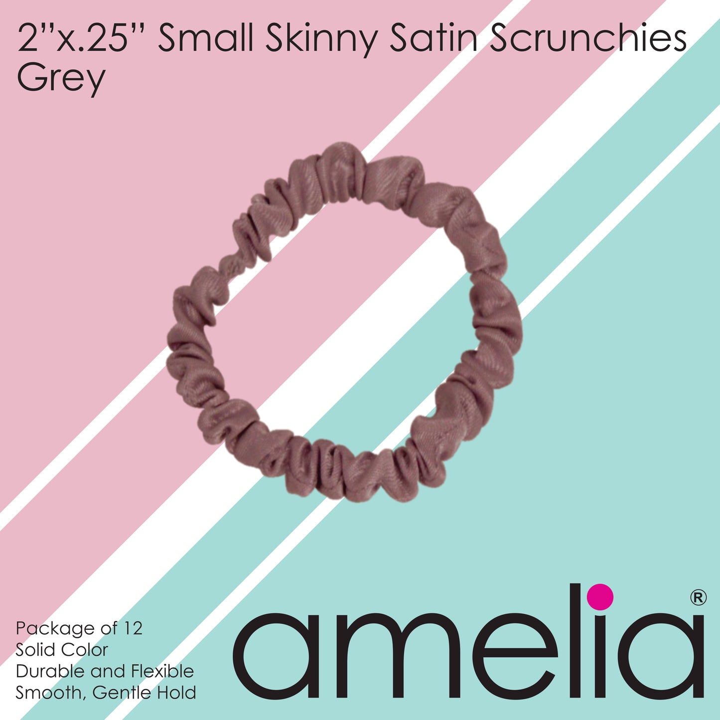 Amelia Beauty, Grey Skinny Satin Scrunchies, 2in Diameter, Gentle and Strong Hold, No Snag, No Dents or Creases. 12 Pack
