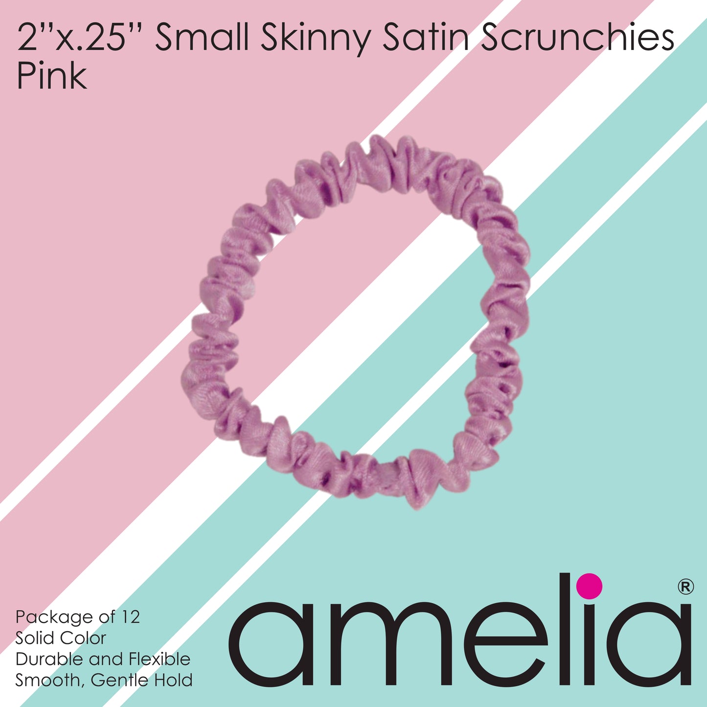 Amelia Beauty, Pink Skinny Satin Scrunchies, 2in Diameter, Gentle and Strong Hold, No Snag, No Dents or Creases. 12 Pack