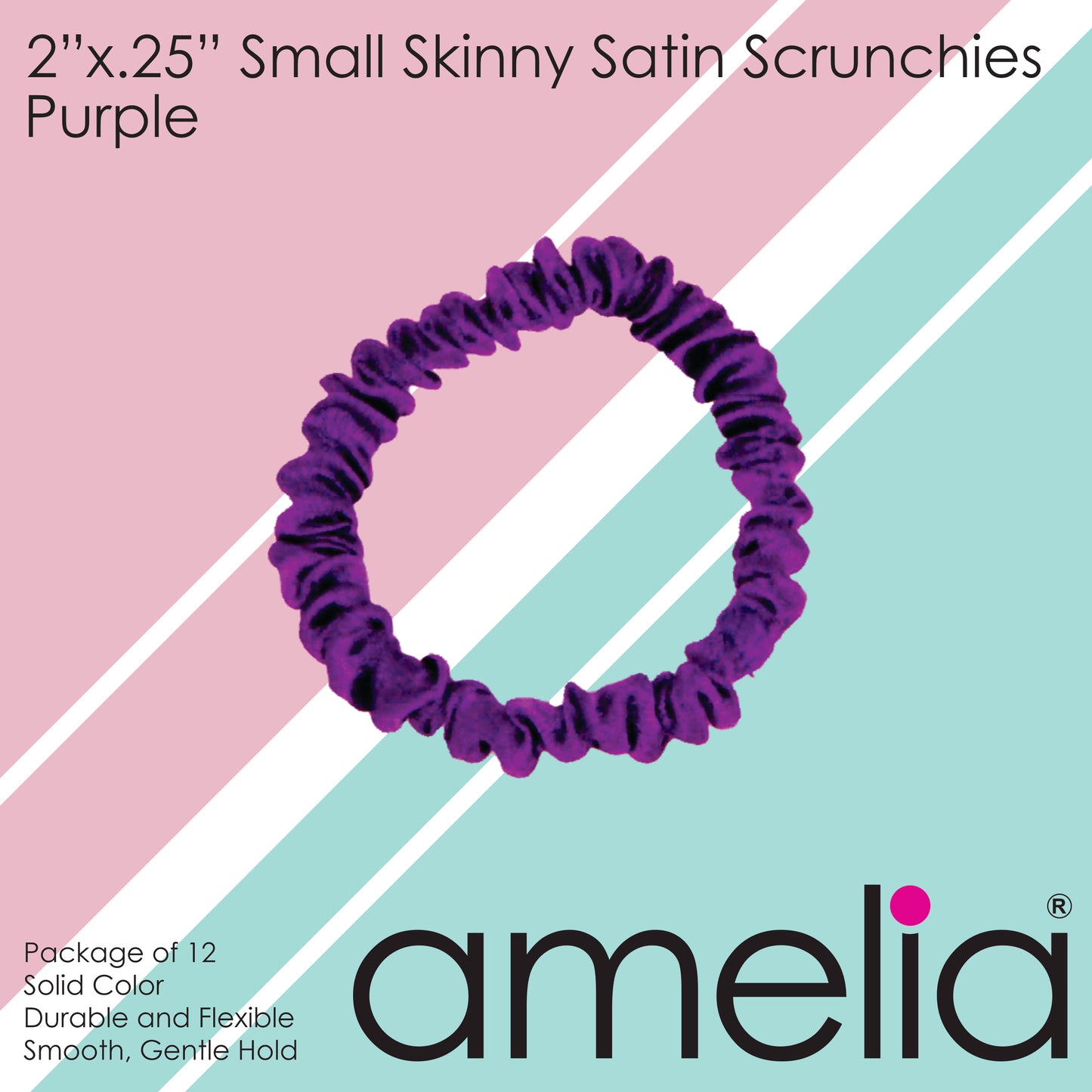 Amelia Beauty, Purple Skinny Satin Scrunchies, 2in Diameter, Gentle and Strong Hold, No Snag, No Dents or Creases. 12 Pack