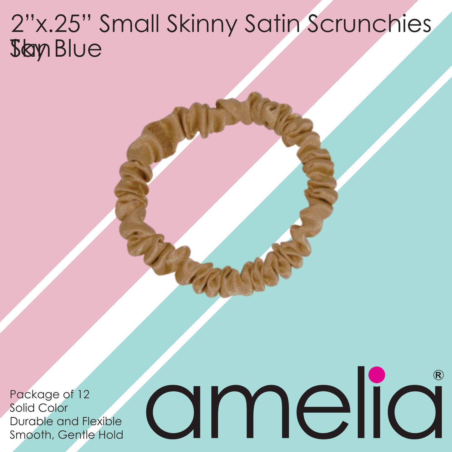 Amelia Beauty, Tan Skinny Satin Scrunchies, 2in Diameter, Gentle and Strong Hold, No Snag, No Dents or Creases. 12 Pack