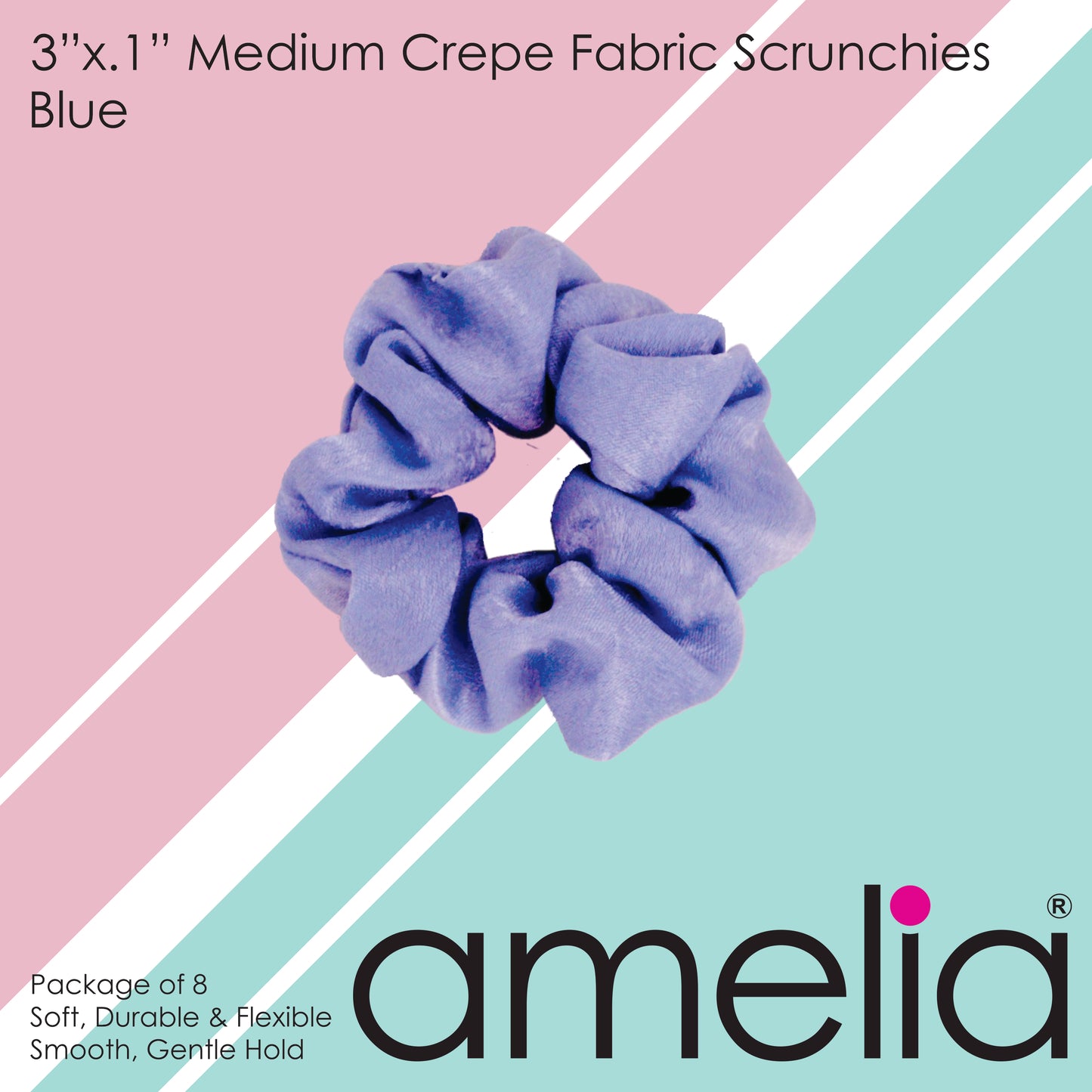 Amelia Beauty | 3in Blue Crepe Scrunchies | Soft, Gentle and Strong Hold | No Snag, No Dents or Creases | 8 Pack