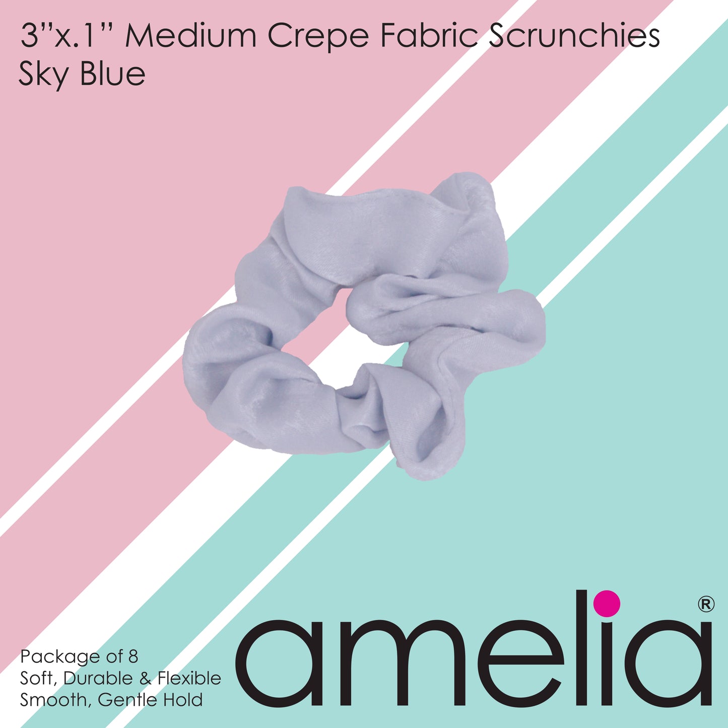 Amelia Beauty | 3in Sky Blue Crepe Scrunchies | Soft, Gentle and Strong Hold | No Snag, No Dents or Creases | 8 Pack