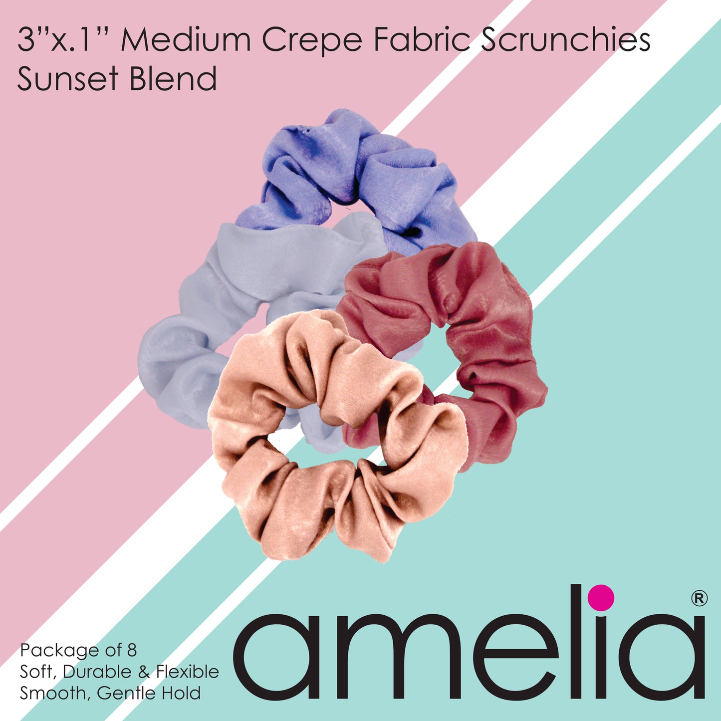 Amelia Beauty | 3in Sunset Blend Crepe Scrunchies | Soft, Gentle and Strong Hold | No Snag, No Dents or Creases | 8 Pack