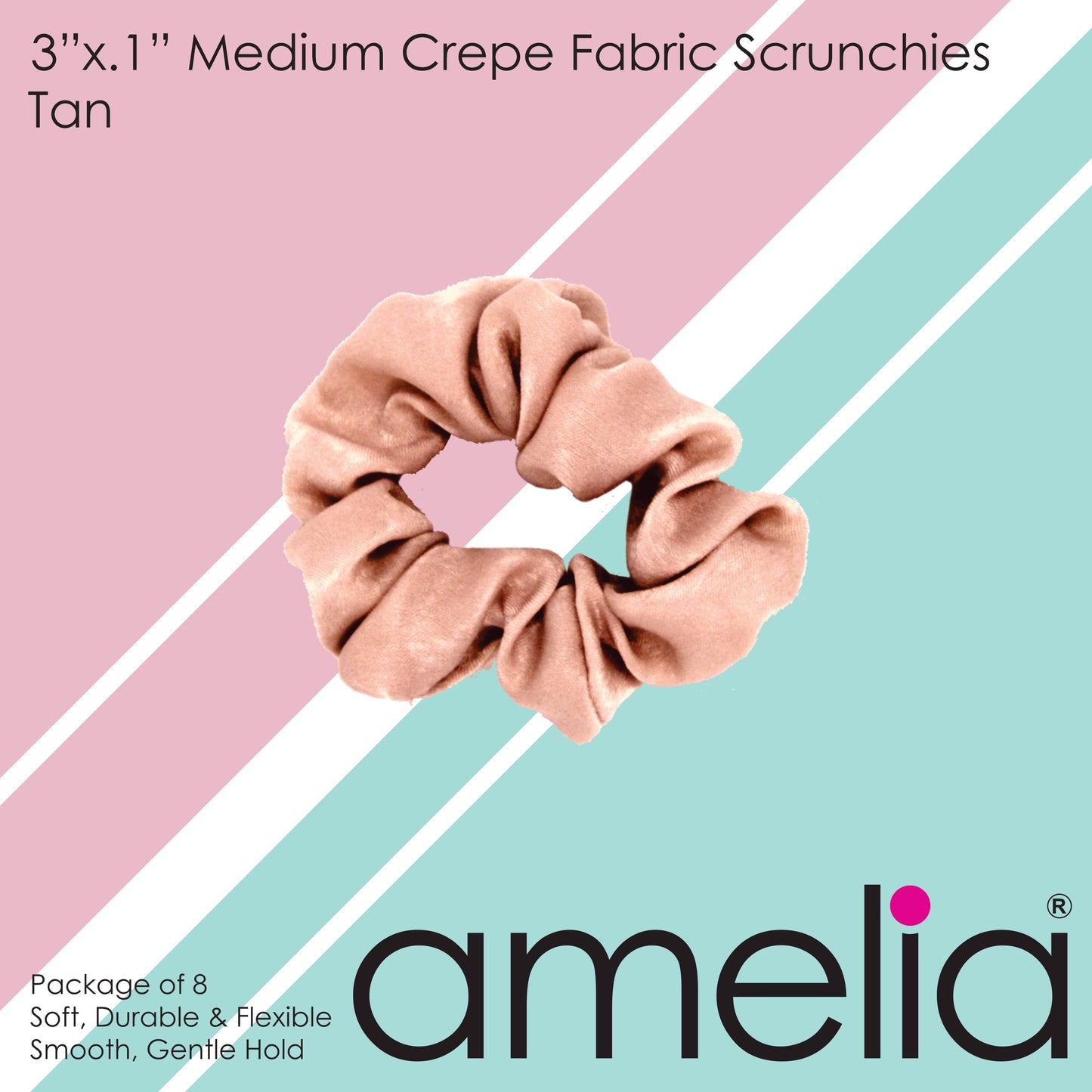 Amelia Beauty | 3in Tan Crepe Scrunchies | Soft, Gentle and Strong Hold | No Snag, No Dents or Creases | 8 Pack