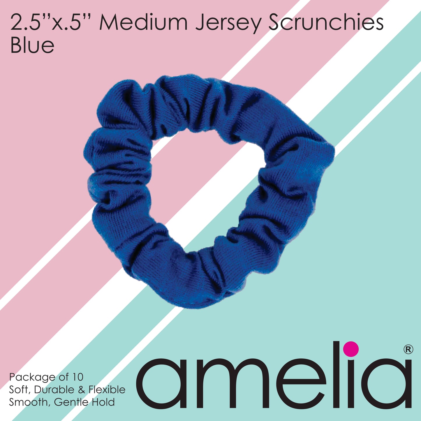 Amelia Beauty, Medium Blue Jersey Scrunchies, 2.5in Diameter, Gentle on Hair, Strong Hold, No Snag, No Dents or Creases. 10 Pack