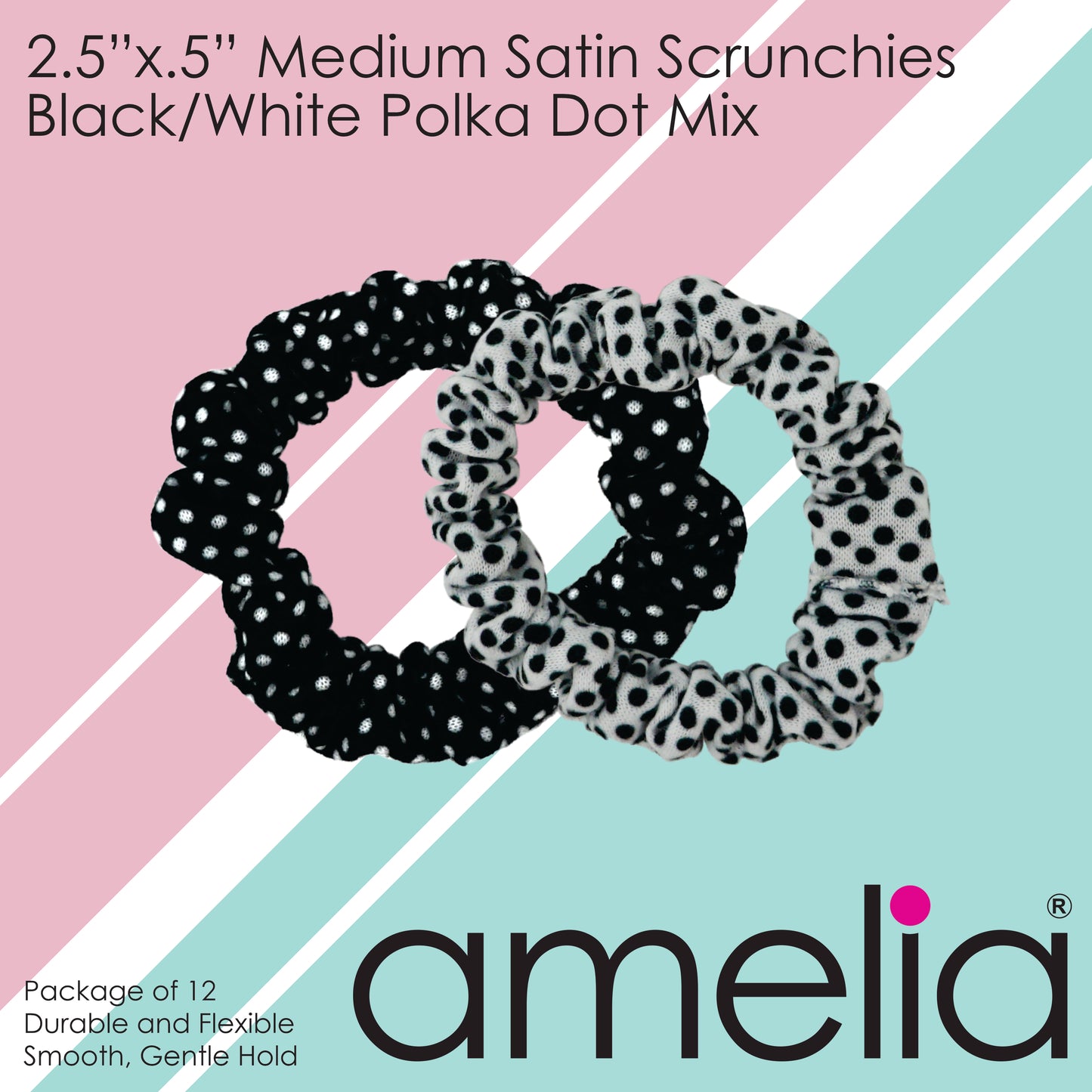 Amelia Beauty, Medium Black White Dot Mix Jersey Scrunchies, 2.5in Diameter, Gentle on Hair, Strong Hold, No Snag, No Dents or Creases. 10 Pack