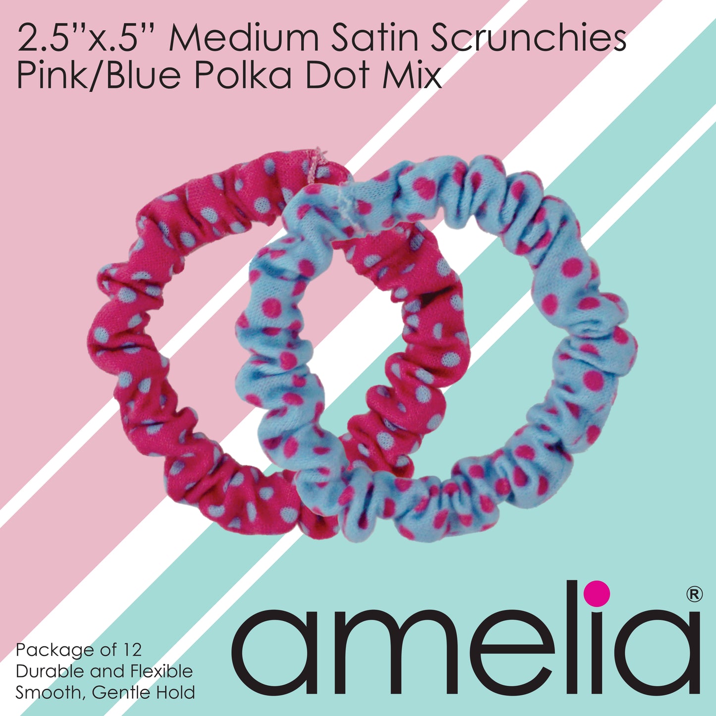 Amelia Beauty, Medium Pink Blue Dot Mix Jersey Scrunchies, 2.5in Diameter, Gentle on Hair, Strong Hold, No Snag, No Dents or Creases. 10 Pack