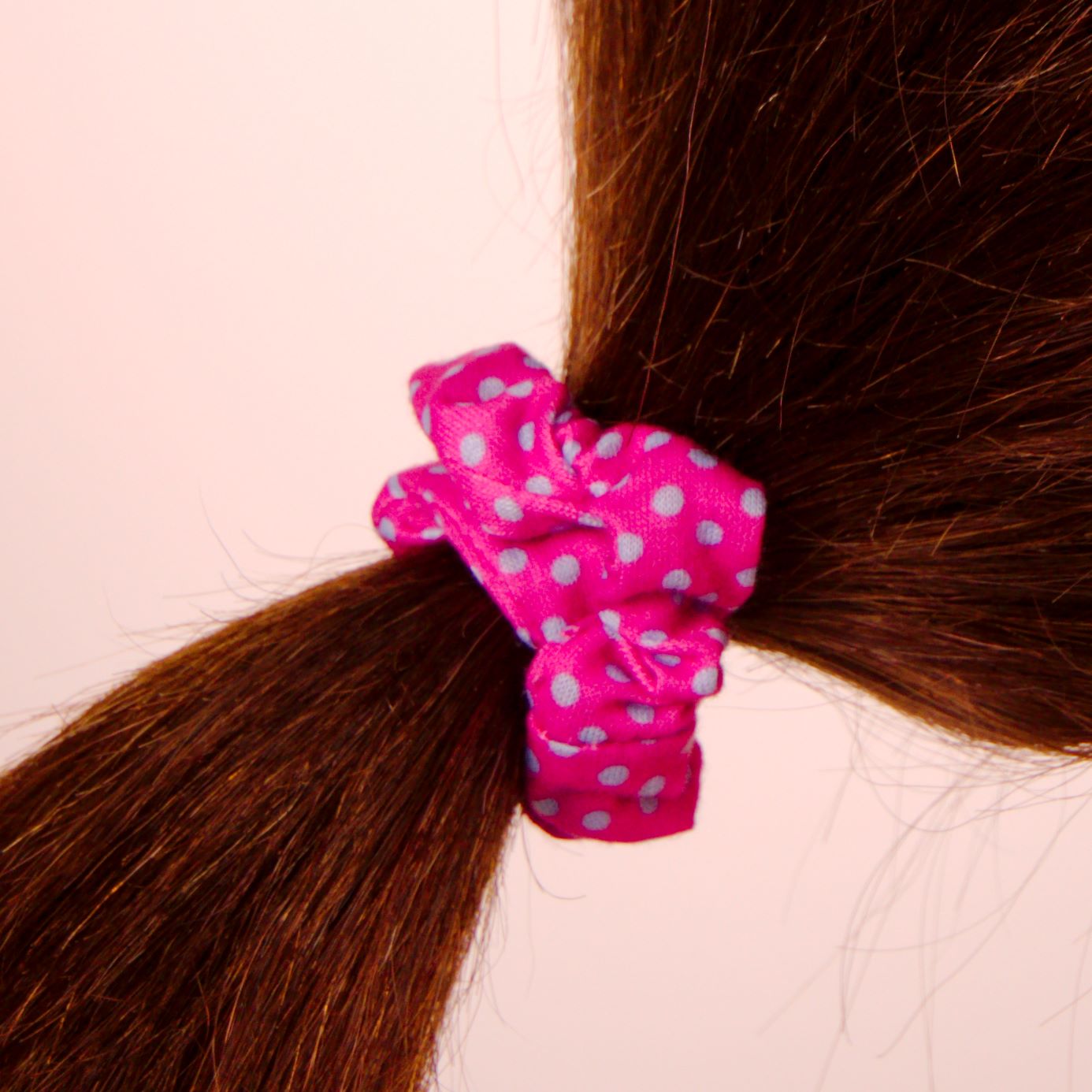 Amelia Beauty, Medium Pink with Blue Polka Dot Jersey Scrunchies, 2.5in Diameter, Gentle on Hair, Strong Hold, No Snag, No Dents or Creases. 10 Pack