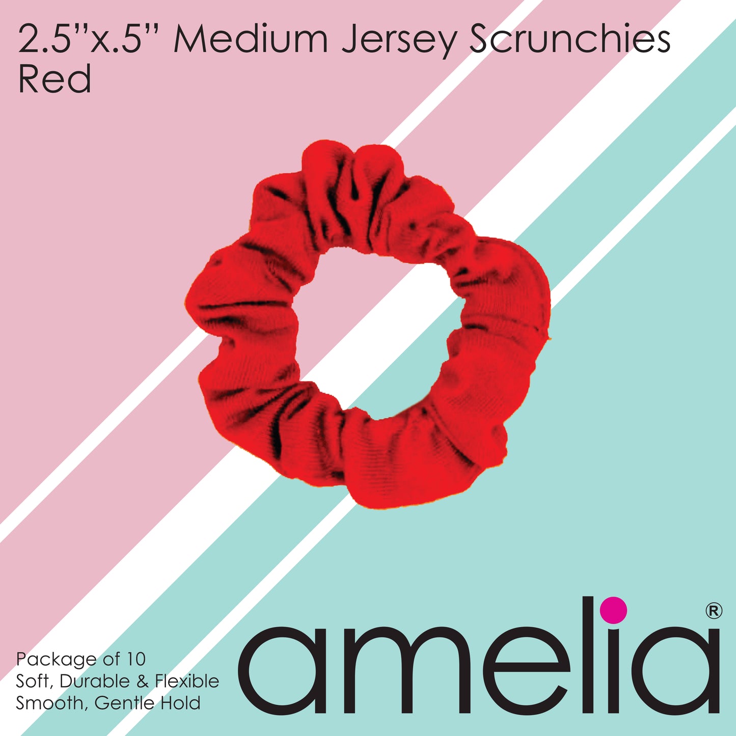 Amelia Beauty, Medium Red Jersey Scrunchies, 2.5in Diameter, Gentle on Hair, Strong Hold, No Snag, No Dents or Creases. 10 Pack
