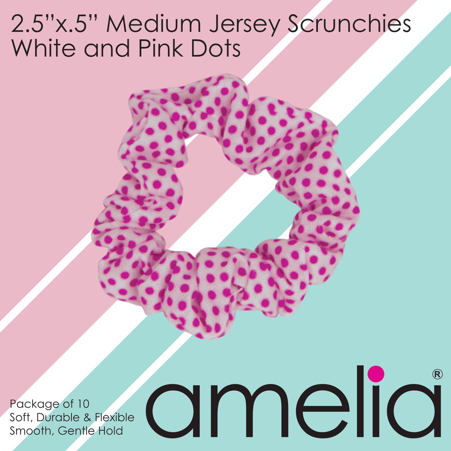 Amelia Beauty, Medium White with Pink Polka Dot Jersey Scrunchies, 2.5in Diameter, Gentle on Hair, Strong Hold, No Snag, No Dents or Creases. 10 Pack
