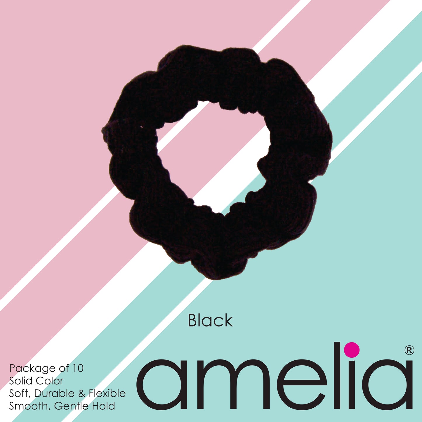 Amelia Beauty, Medium Black Ribbed Scrunchies, 2.5in Diameter, Gentle on Hair, Strong Hold, No Snag, No Dents or Creases. 10 Pack