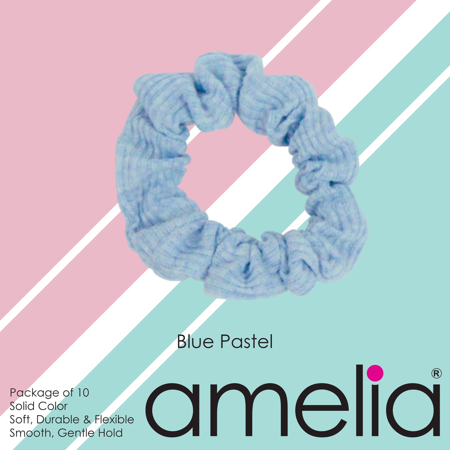 Amelia Beauty, Medium Pastel Blue Ribbed Scrunchies, 2.5in Diameter, Gentle on Hair, Strong Hold, No Snag, No Dents or Creases. 10 Pack