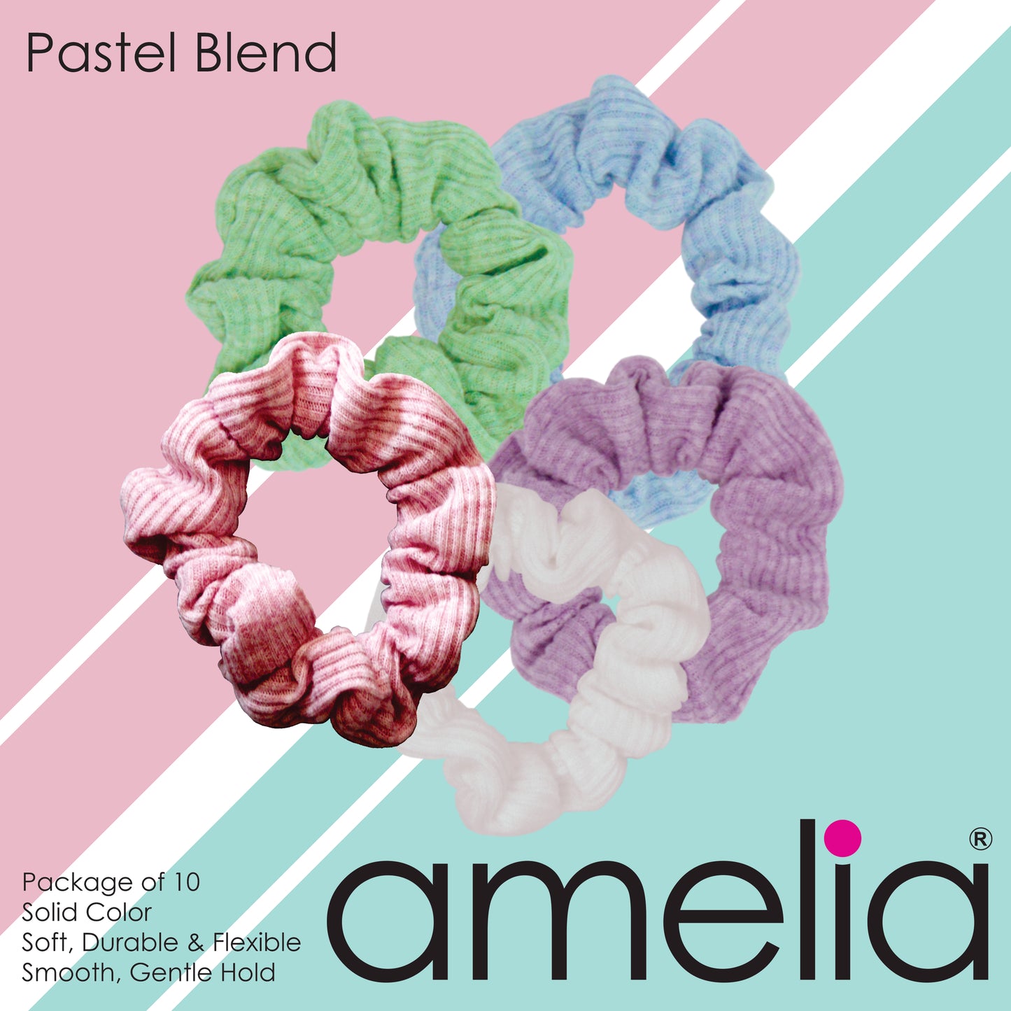 Amelia Beauty, Medium Pastel Mix Ribbed Scrunchies, 2.5in Diameter, Gentle on Hair, Strong Hold, No Snag, No Dents or Creases. 10 Pack
